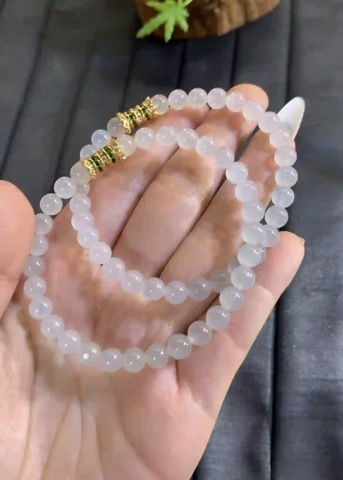 Natural Icy White Jade Beaded Bracelet, view 2 | Myanmar Jadeite reference #2250010