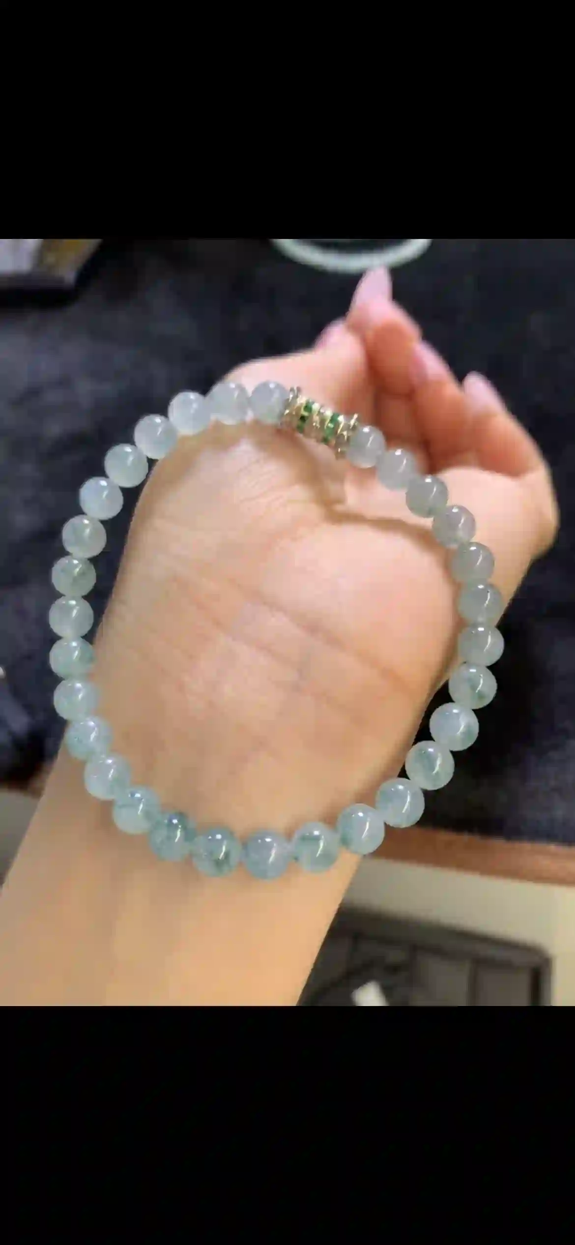 Icy Pale Blue‑Green Floating‑Pattern Jadeite Bead Bracelet | Myanmar Jadeite reference #9540002
