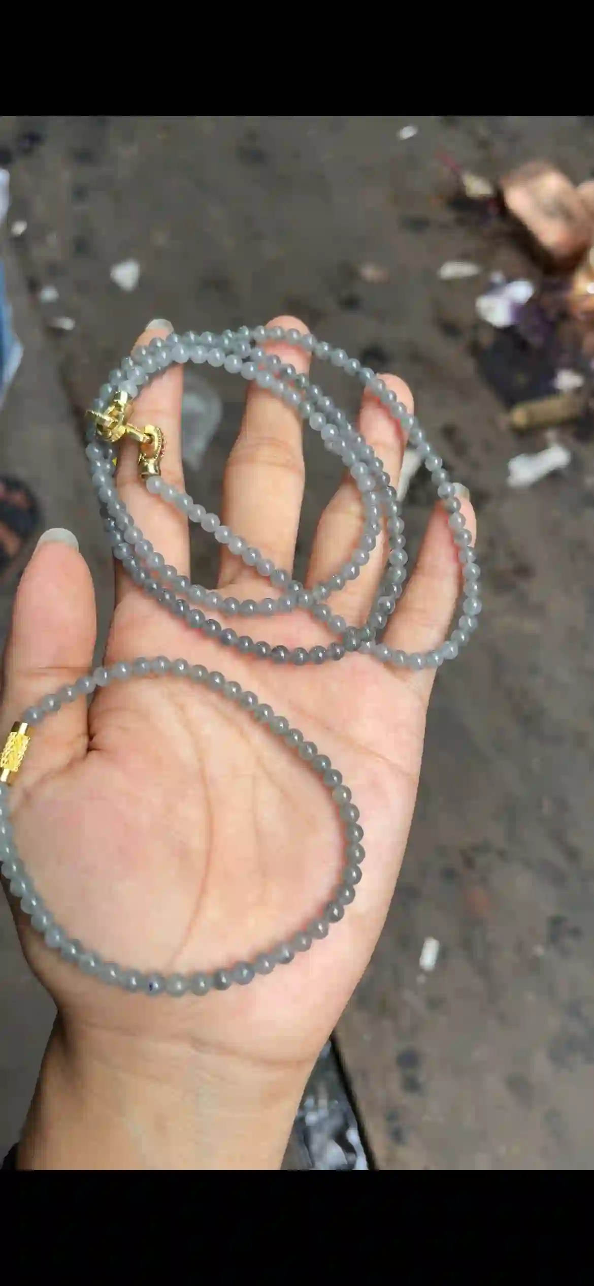 Icy Translucent Grey Jade Bead Necklace, Fine Round Beaded Chain with Gold Clasp, view 2 | Myanmar Jadeite reference #5250001