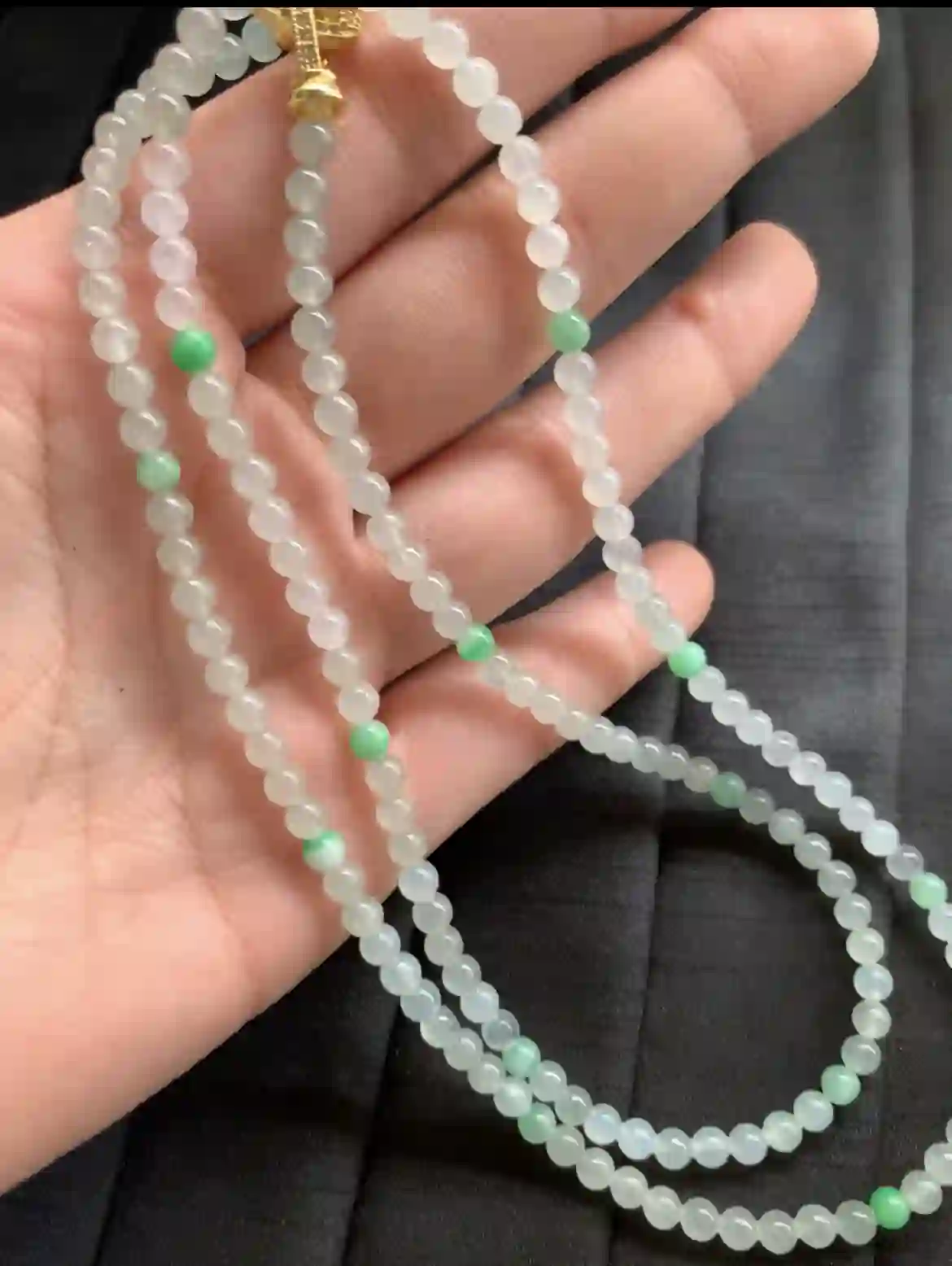 Delicate Icy Jade Bead Necklace with Green Accents, view 2 | Myanmar Jadeite reference #2640005