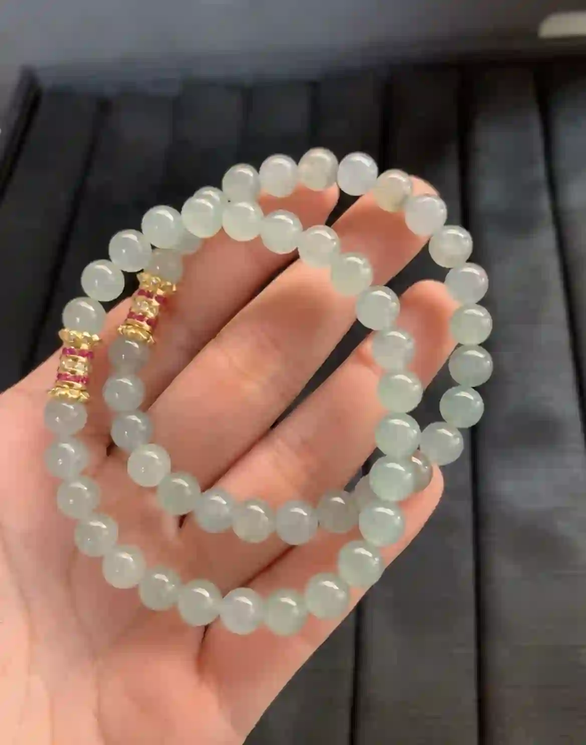   Natural Icy Green Jade Bead Bracelet with Gold and Ruby Accents, view 2 | Myanmar Jadeite reference #2550004