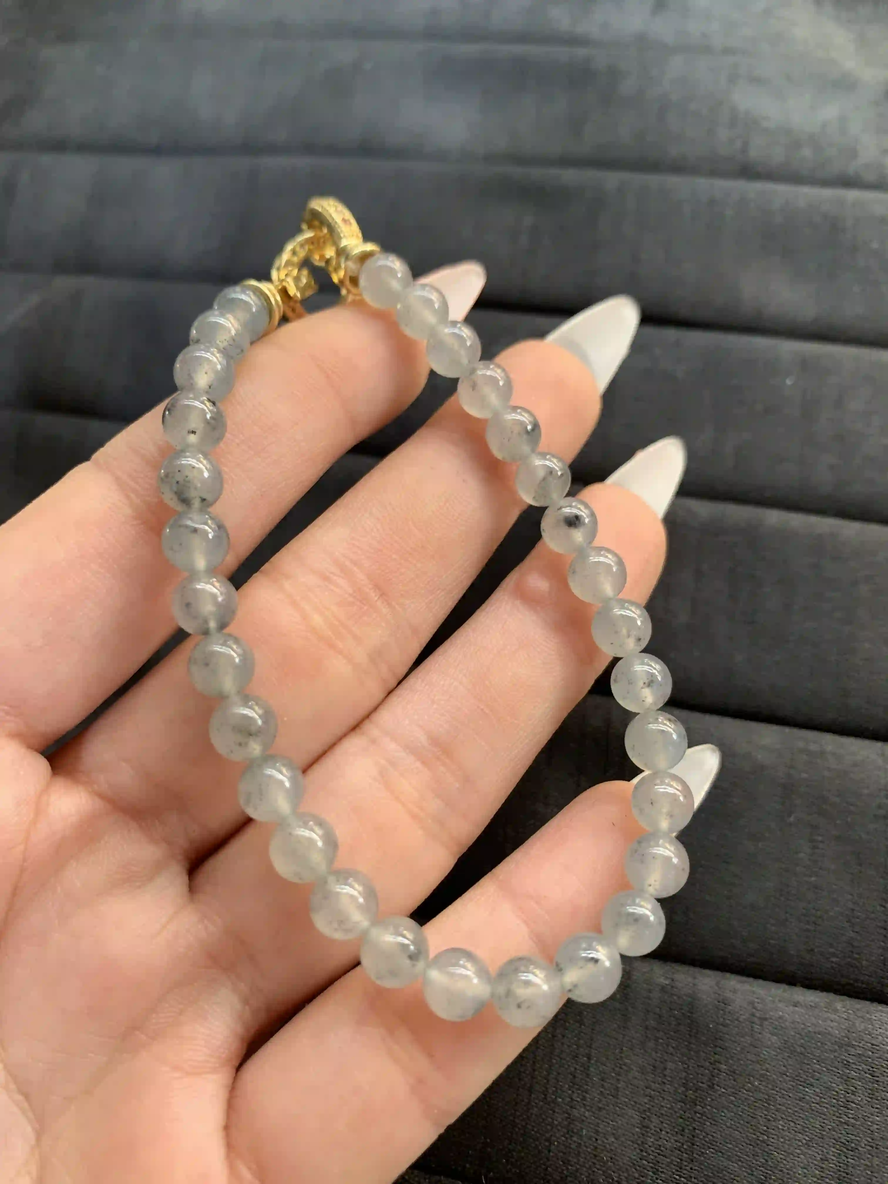  Natural Grey Phantom Quartz Beaded Bracelet with Gold-Tone Clasp | Myanmar Jadeite reference #1410003