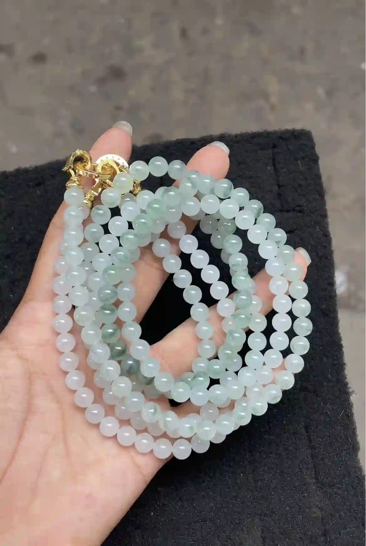   Icy White Floating Green Pattern Jadeite Multi-Layer Bracelet with Gold Plated, view 2 | Myanmar Jadeite reference #4050002