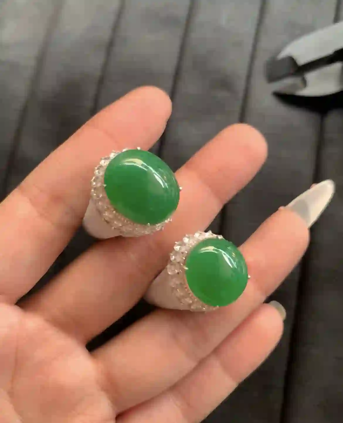 Vibrant Green Jadeite Cabochon Rings | Myanmar Jadeite reference #2190003