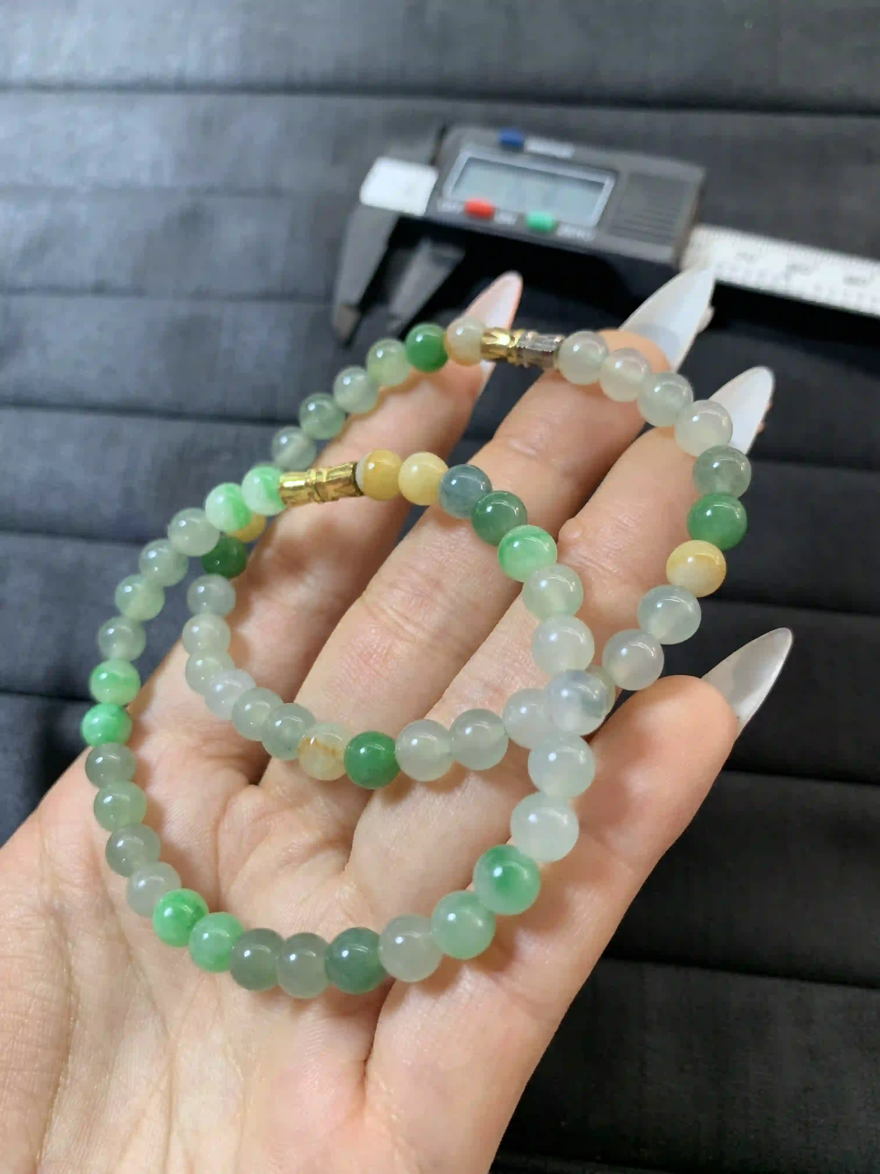 Pair of Green and Translucent Jade Beaded Bracelets with Gold Accents | Myanmar Jadeite reference #1260007