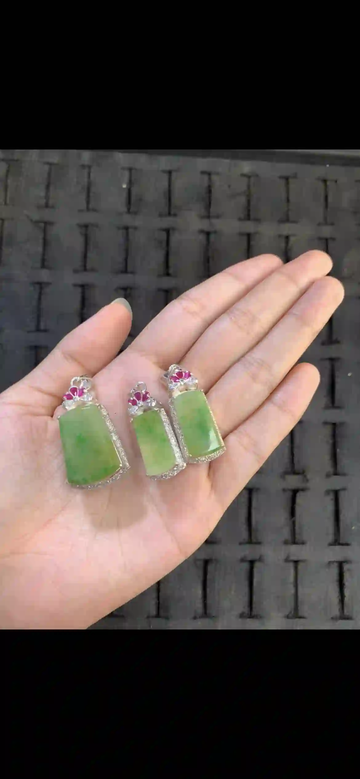 Icy Green Jade Rectangle Pendants with Gem Accents, view 2 | Myanmar Jadeite reference #14550001