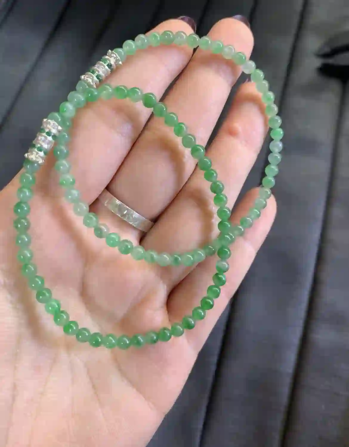 Icy Green Floating Flower Jadeite Multi-Layer Beaded Bracelet with Silver Plated Accents, view 2 | Myanmar Jadeite reference #3720001