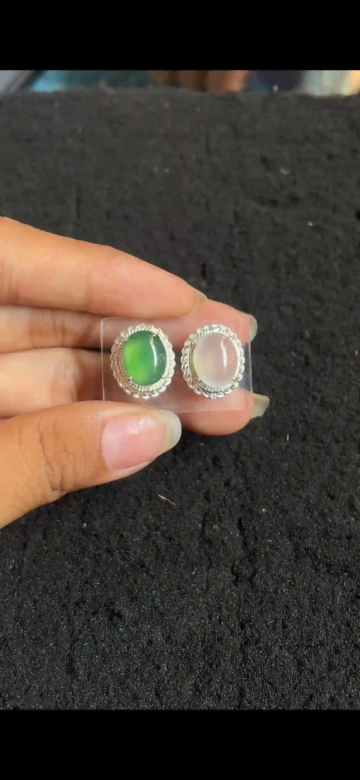   Pair of Jade Cabochon Settings – Vivid Green & Icy White, Sterling Silver Mounts | Myanmar Jadeite reference #4830001