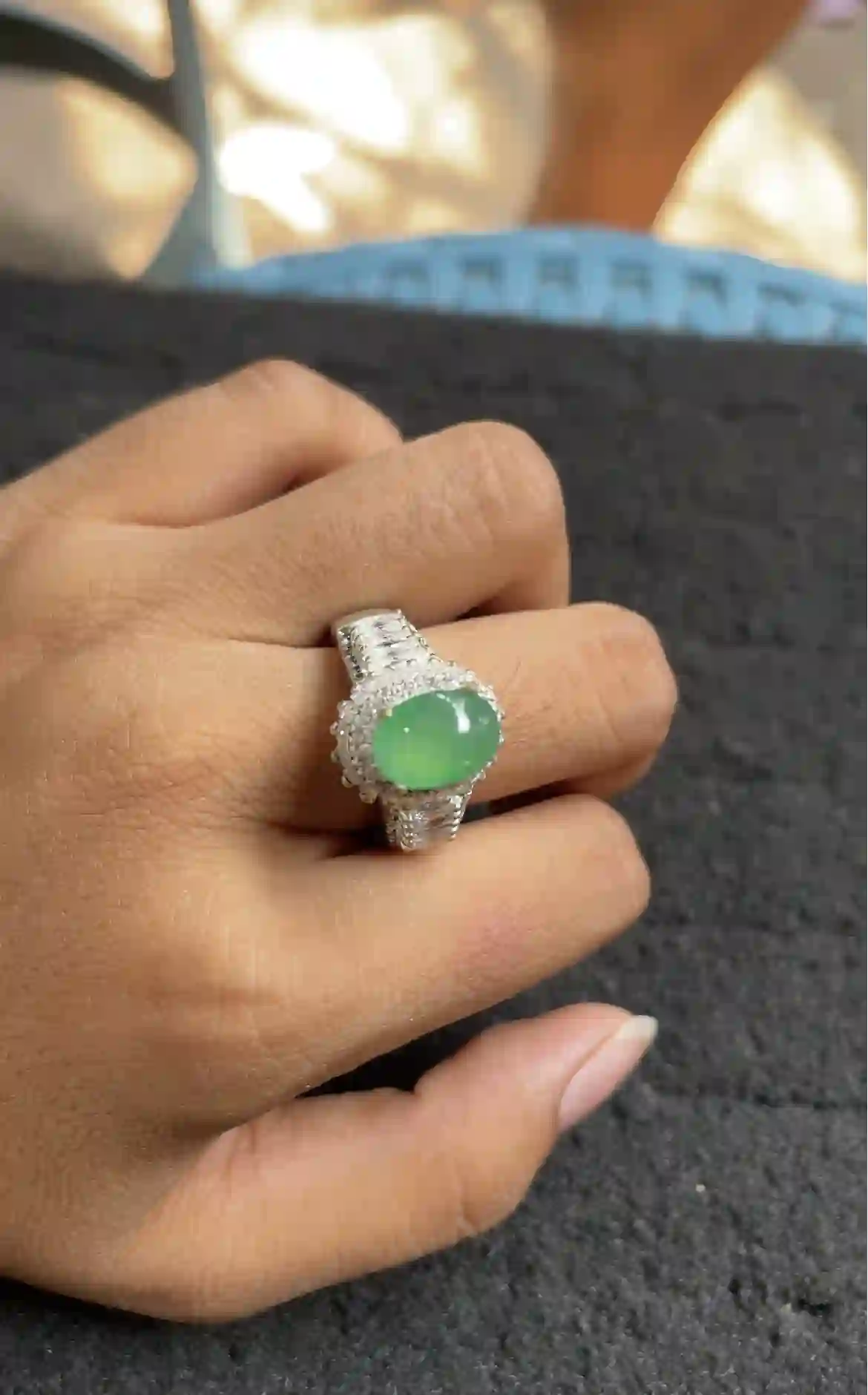 Natural Icy Green Jade Cabochon Ring, view 2 | Myanmar Jadeite reference #2310004