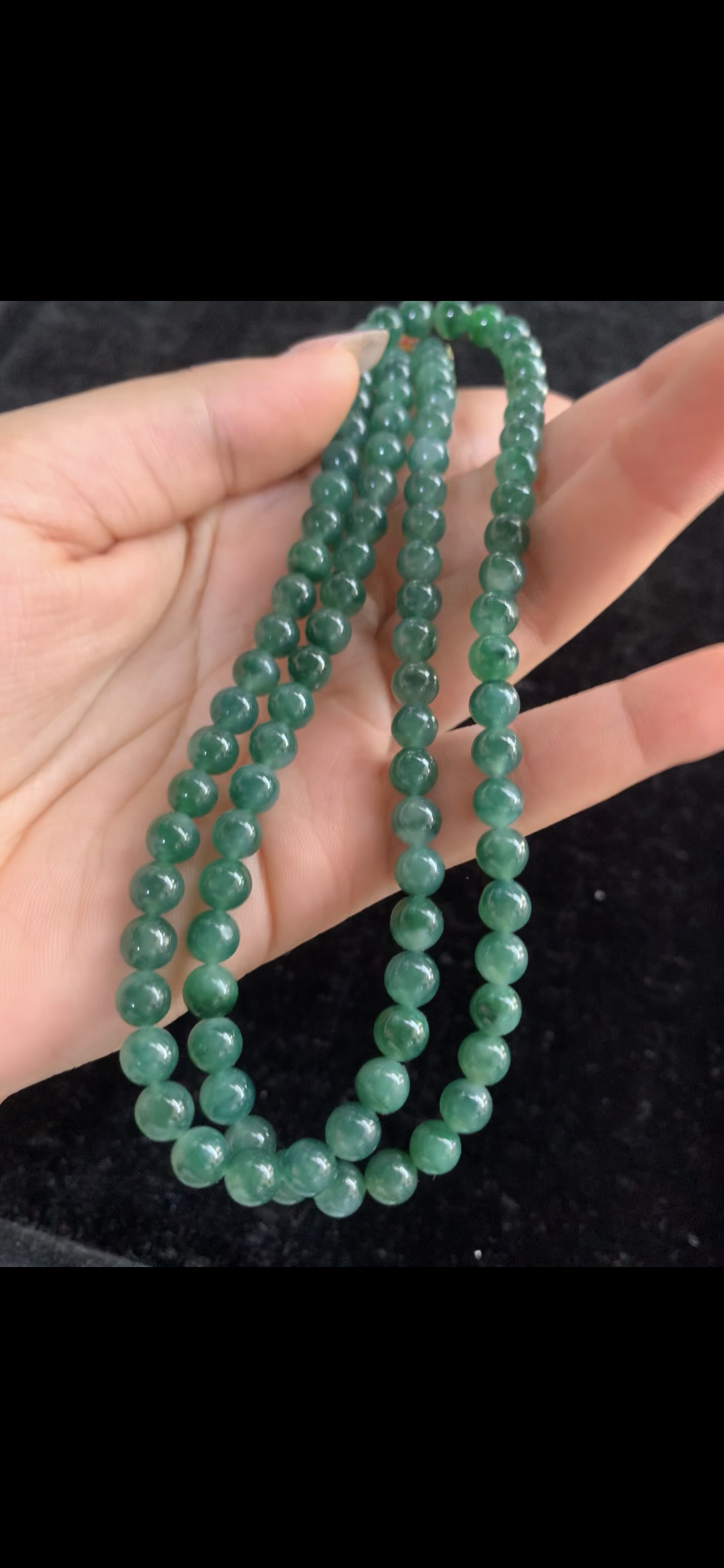 Deep Forest Green Jade Three-Strand Beaded Necklace — Gold Clasp