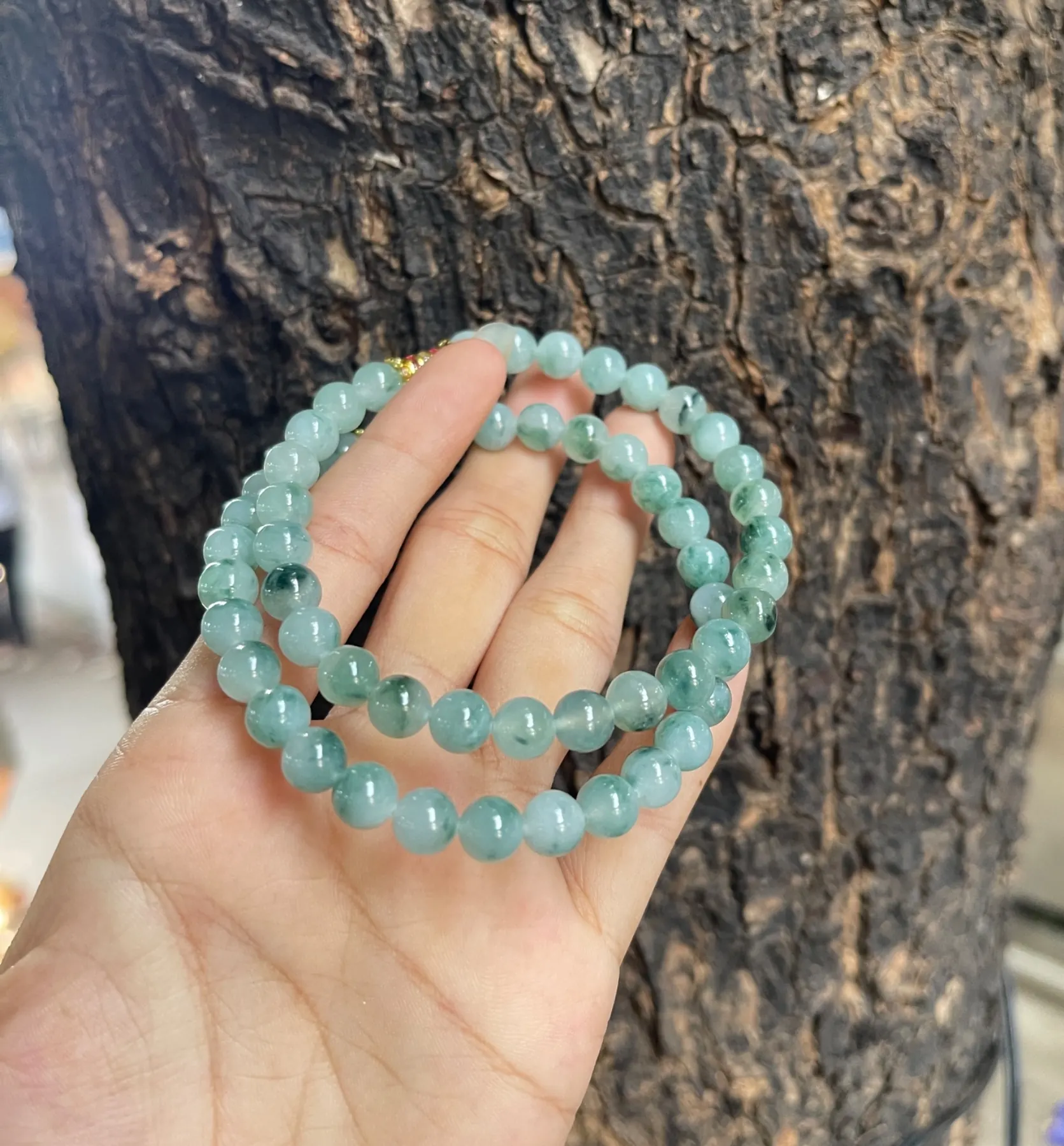 Natural High-Translucency Ice Variety Floating Teal Green Blossom Jadeite Round Bead Bracelet / Double-Loop | Myanmar Jadeite reference #39090001