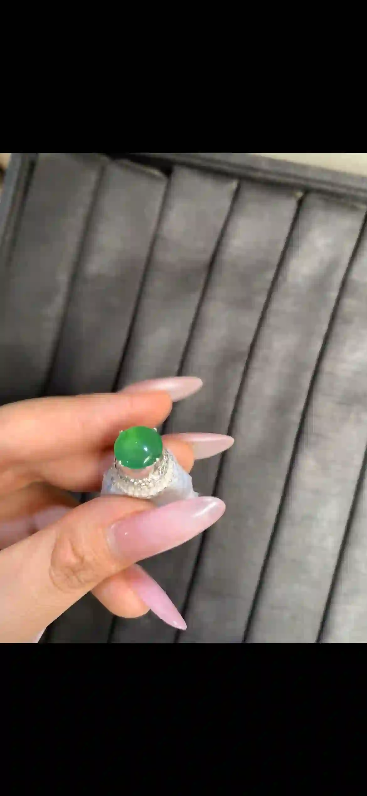 Vivid Emerald‑Green Jadeite Cabochon Ring with Diamond Halo, view 2 | Myanmar Jadeite reference #9180001