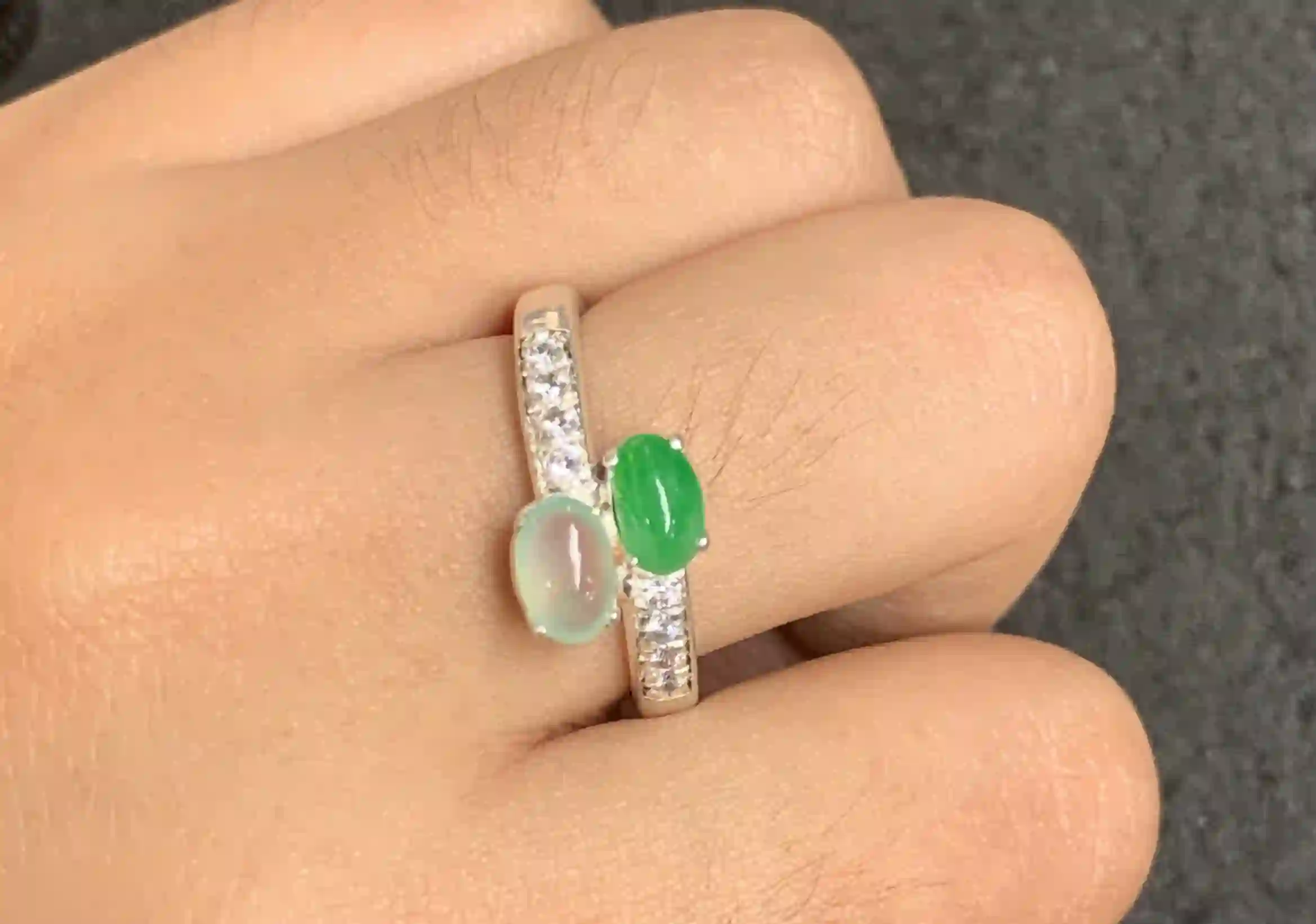  Stylish Two-Stone Ring with Sparkling Band, view 2 | Myanmar Jadeite reference #1530005