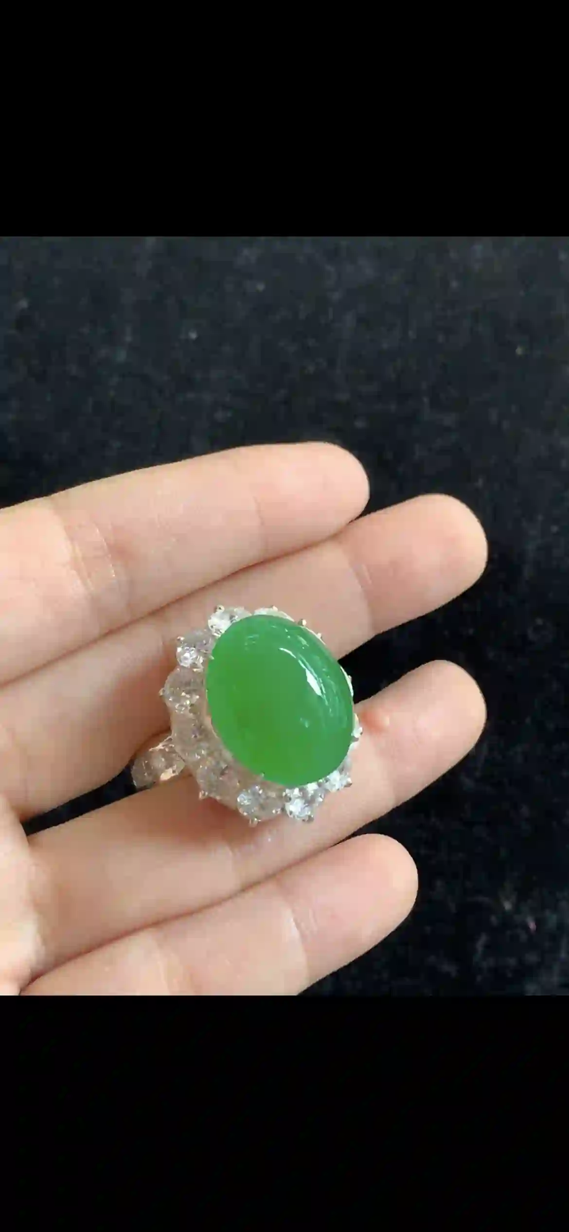 Stunning Oval Imperial Green Jade Ring — Diamond Halo Luxury Setting | Myanmar Jadeite reference #34020001