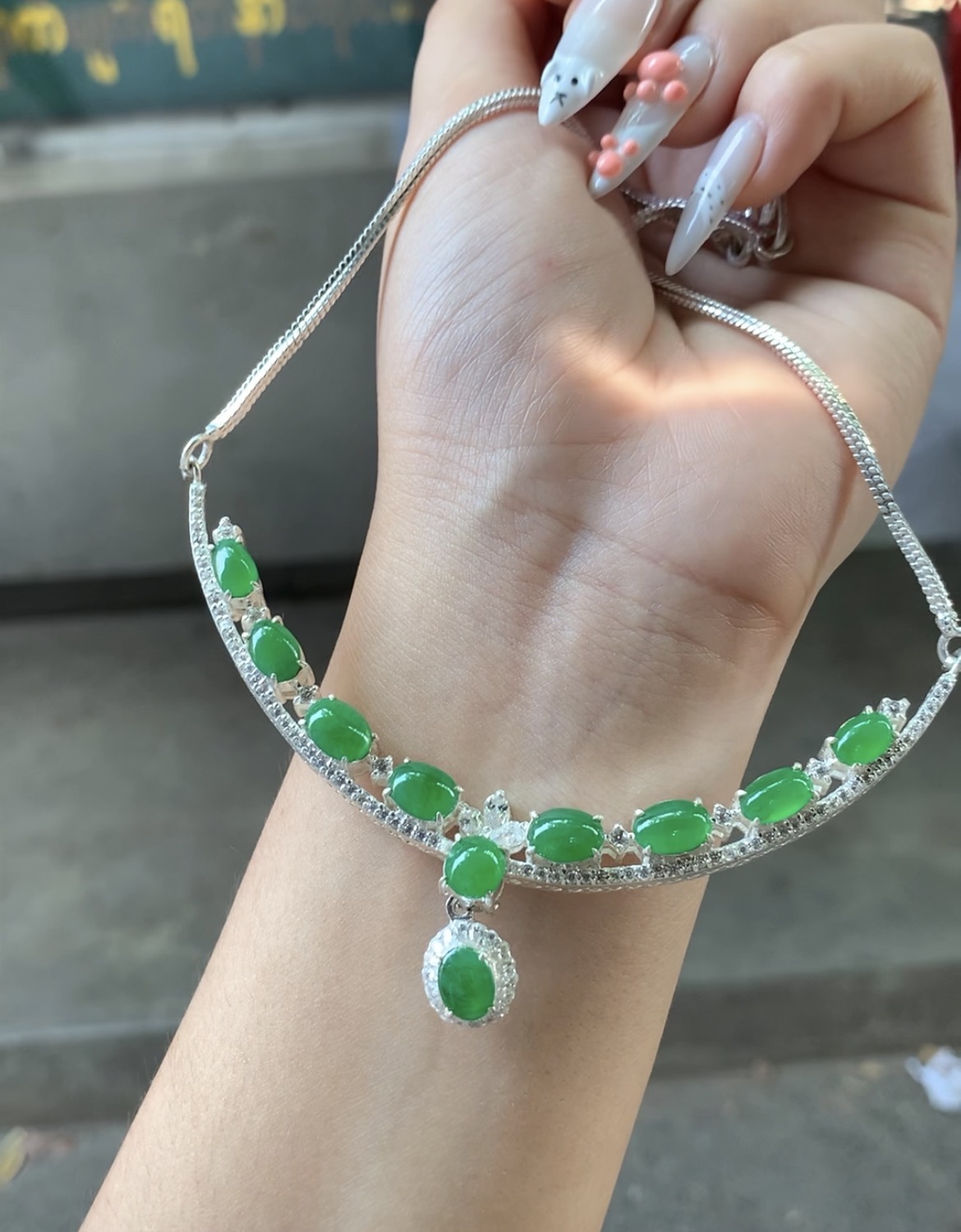 Vivid Green Jadeite Pendant Necklace with Silver Chain