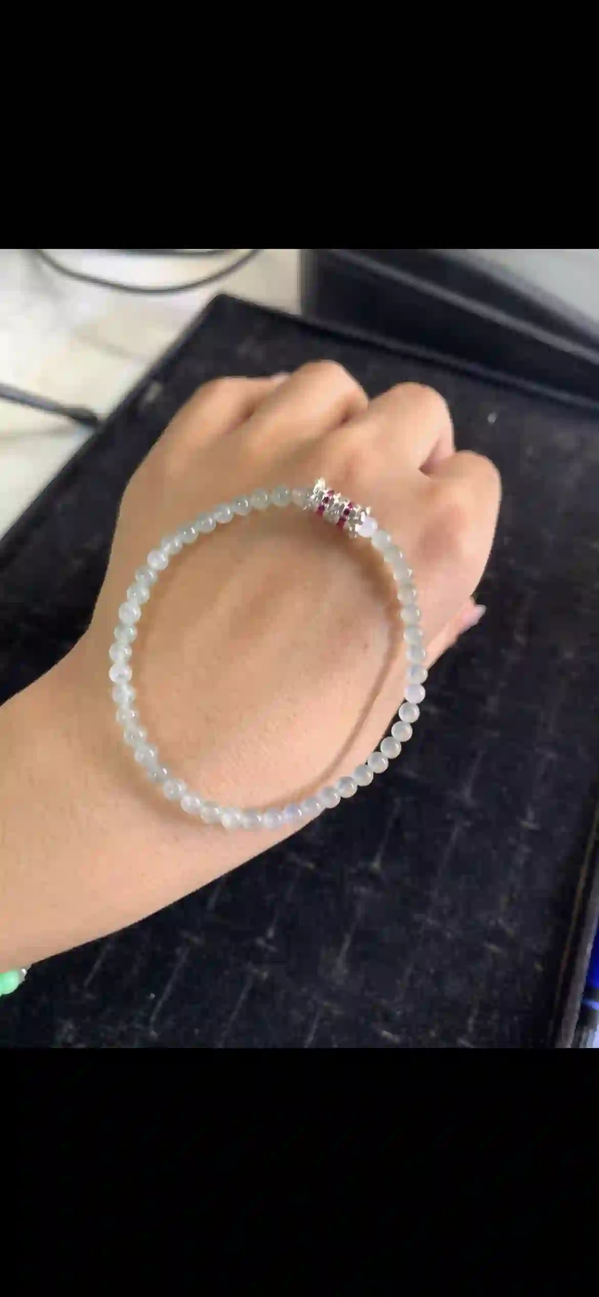 Delicate Icy Pale Jadeite Mini‑Bead Bracelet with Sparkling Accent, view 2 | Myanmar Jadeite reference #24810001