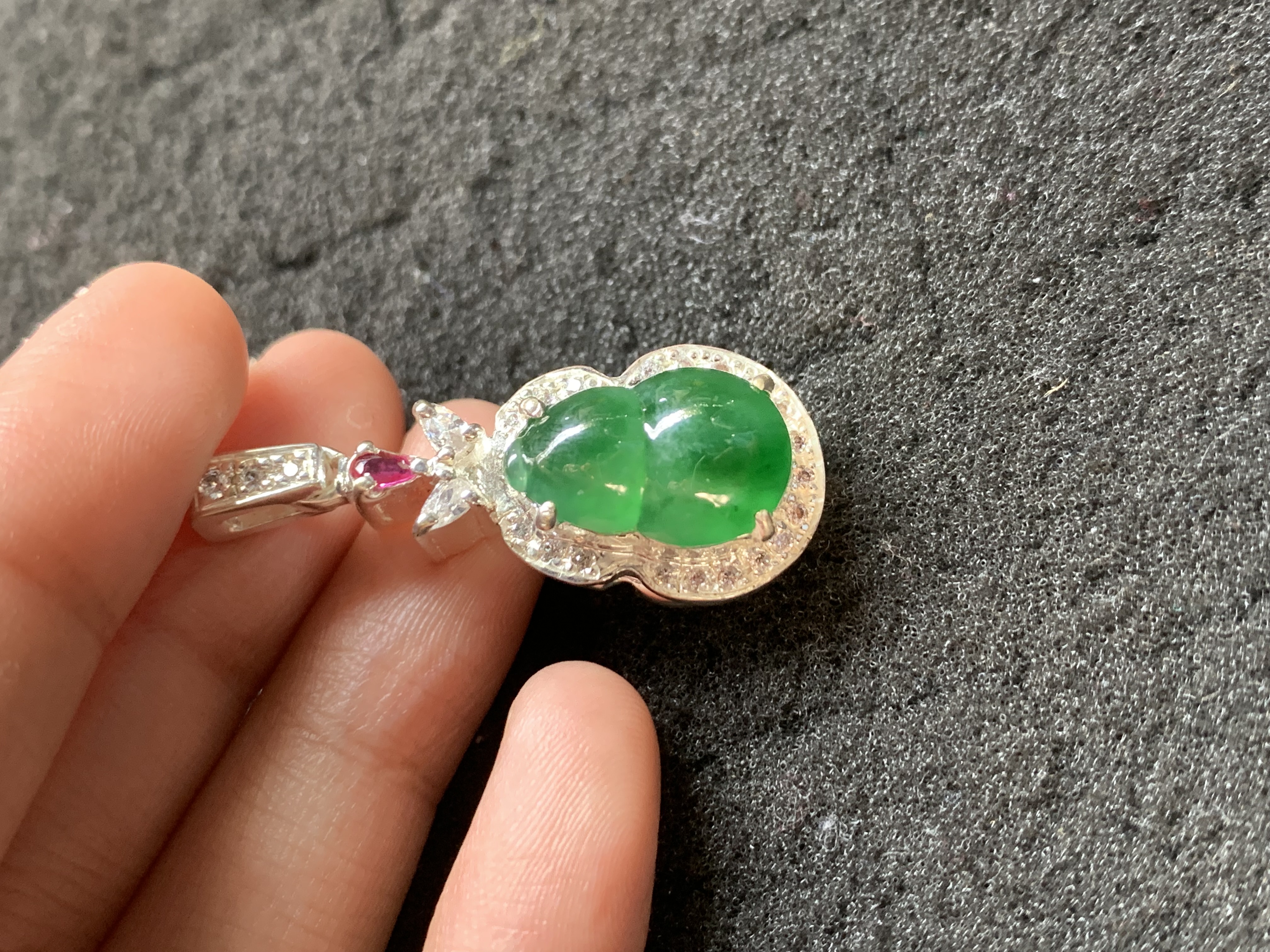 Emerald Green Jadeite Gourd Pendant with Diamond Accents - Burmese Jadeite from Myanmar