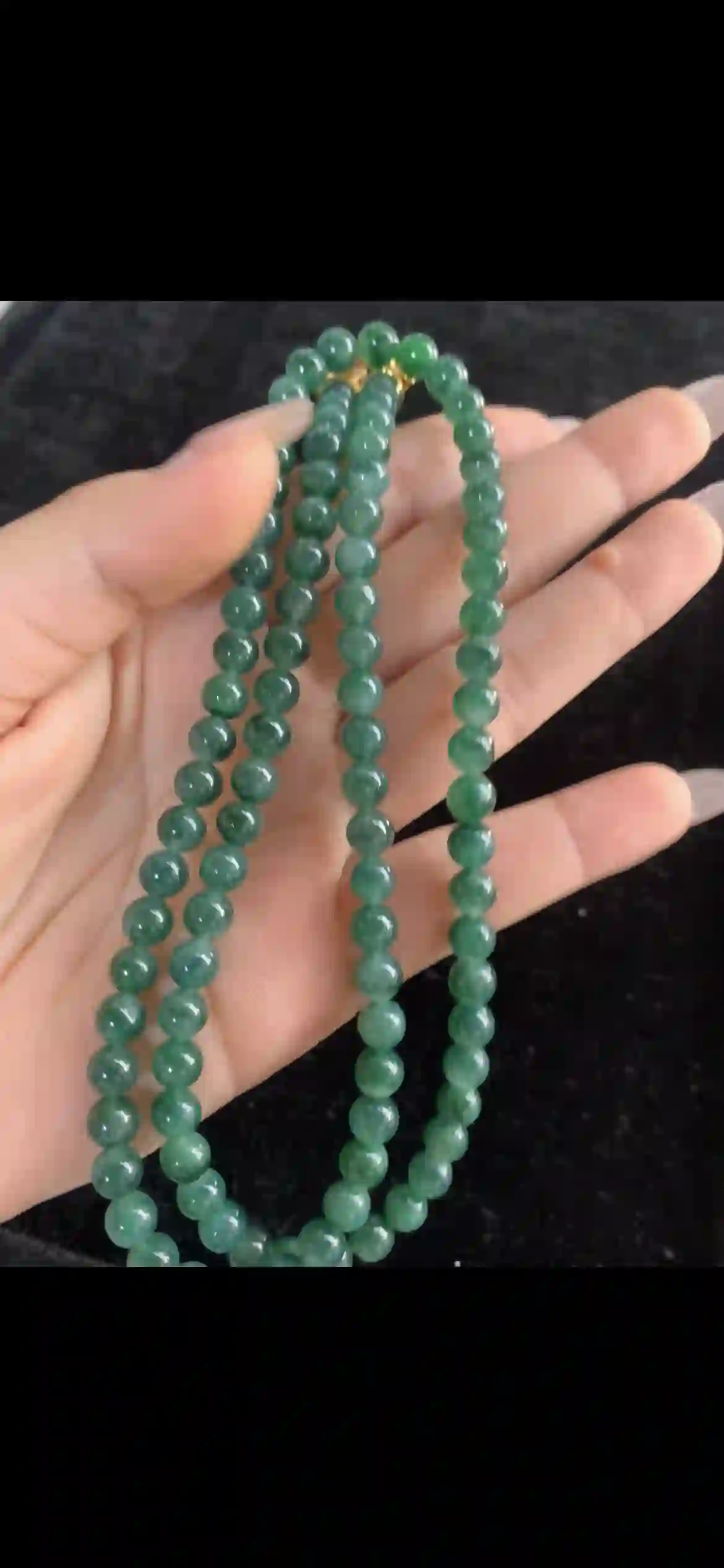 Deep Forest Green Jade Three-Strand Beaded Necklace — Gold Clasp, view 2 | Myanmar Jadeite reference #29370001