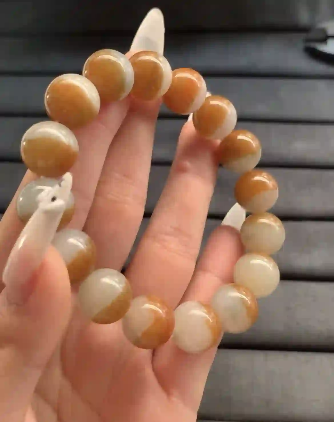 Natural Two-Tone Yellow Jade Bead Bracelet, view 2 | Myanmar Jadeite reference #1770007