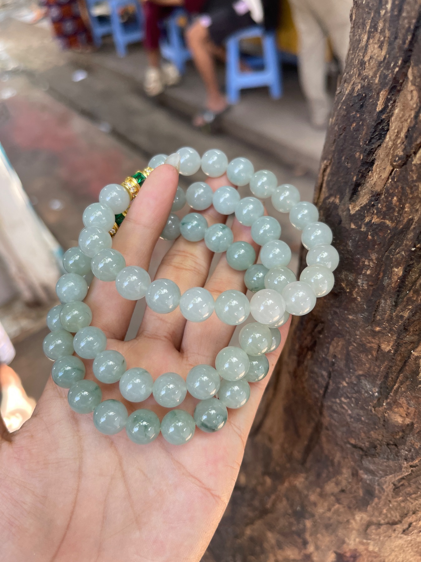 Natural Ice Variety Light Mint Green Jadeite Bead Bracelet Trio with Gold & Emerald Accent | Myanmar Jadeite reference #38940009