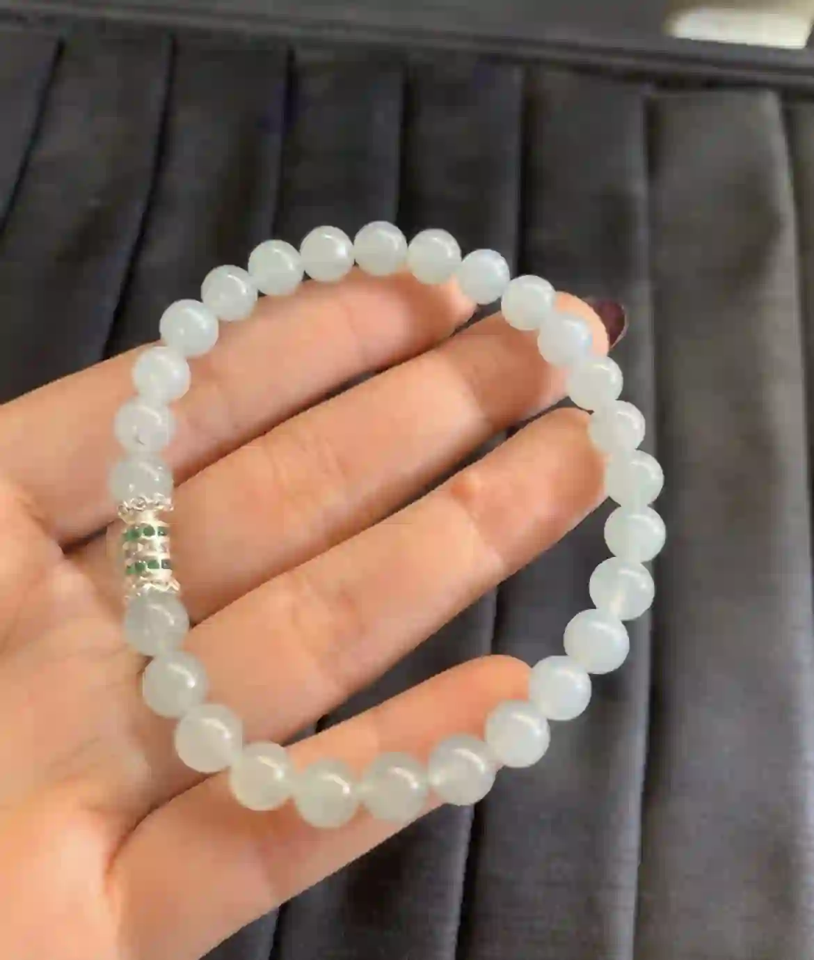   Icy Translucent White Jadeite Beaded Bracelet with Silver Plated Gemstone Accent | Myanmar Jadeite reference #3330001