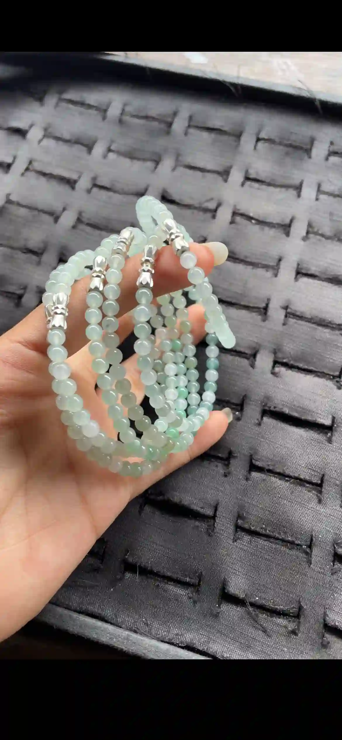 Premium Icy Pale Green Jadeite Multi-Strand Beaded Bracelet with Silver Accents | Myanmar Jadeite reference #23640001