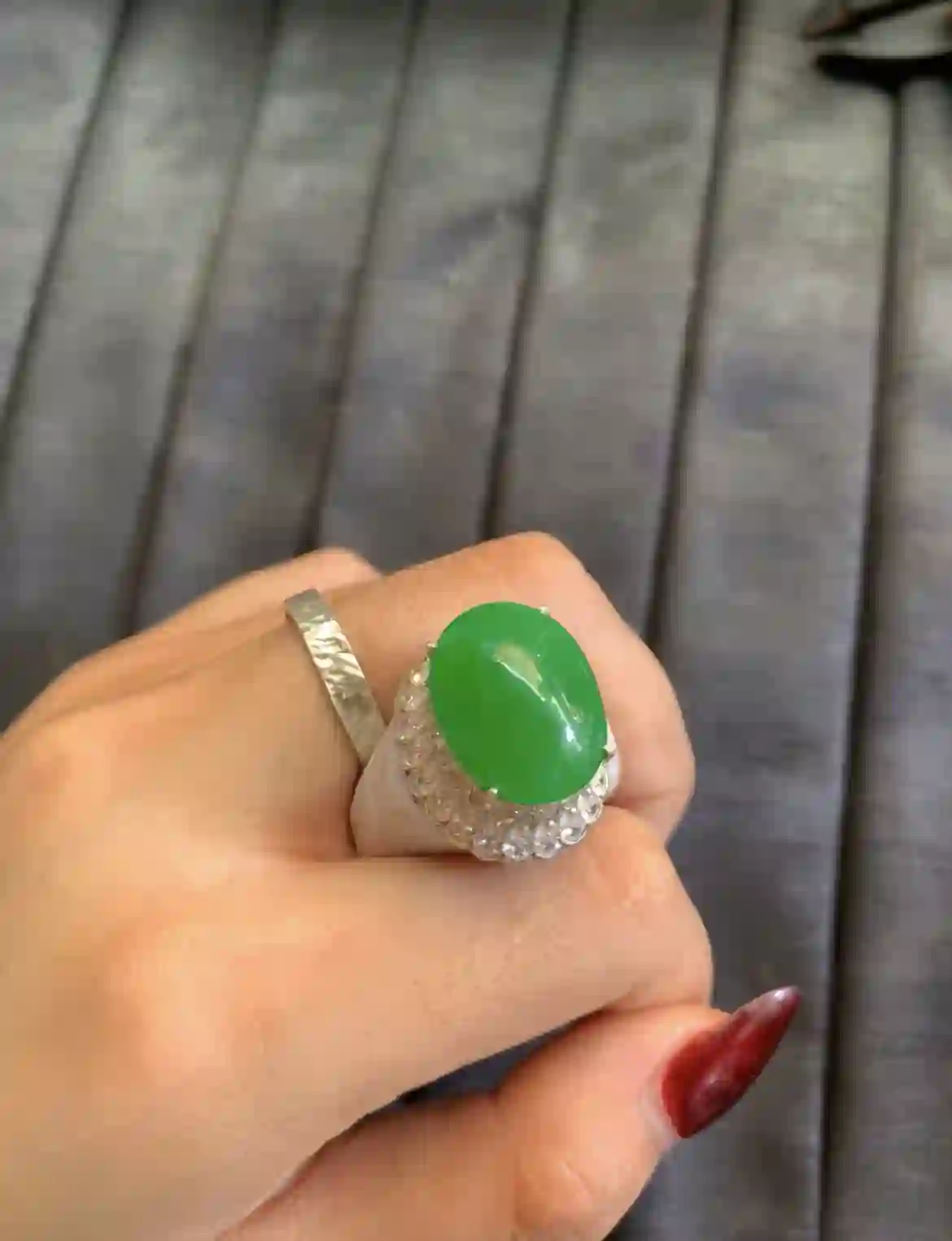   Vibrant Green Jadeite Oval Cabochon Ring with Diamond Halo Setting, view 2 | Myanmar Jadeite reference #3540003