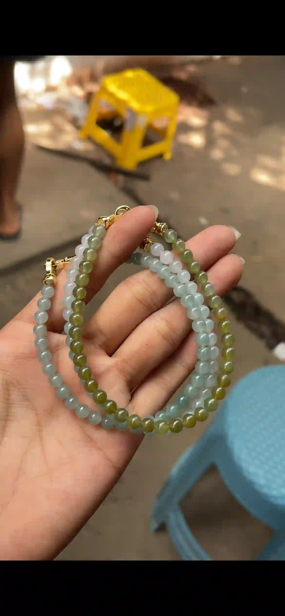 Gradient Pale‑to‑Olive‑Green Jadeite Multi‑Loop Strand with Gold Clasps, view 2 | Myanmar Jadeite reference #9630001
