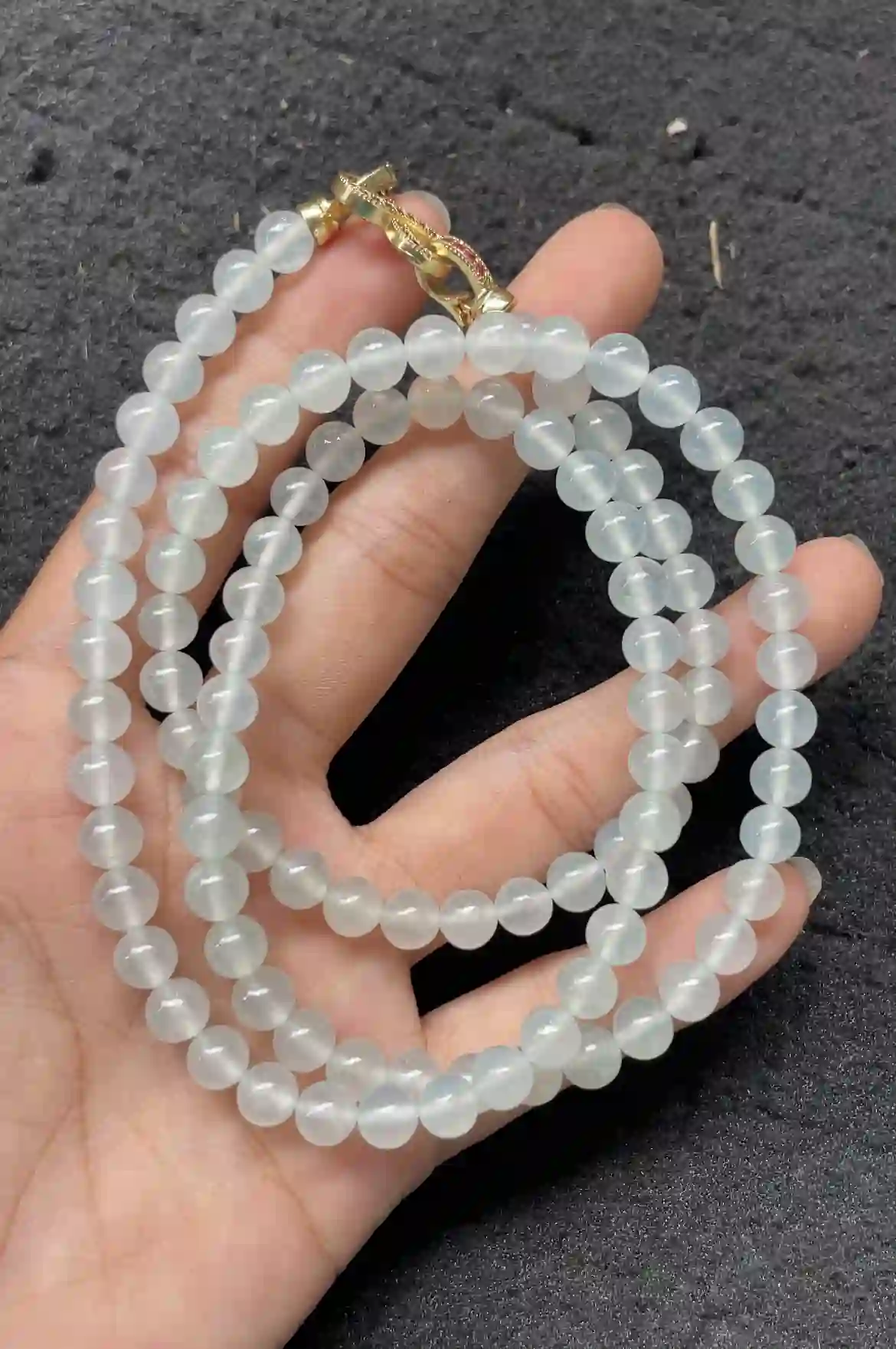   Natural Icy Green Jade Bead Necklace with Gold and Ruby Accents, view 2 | Myanmar Jadeite reference #2550002