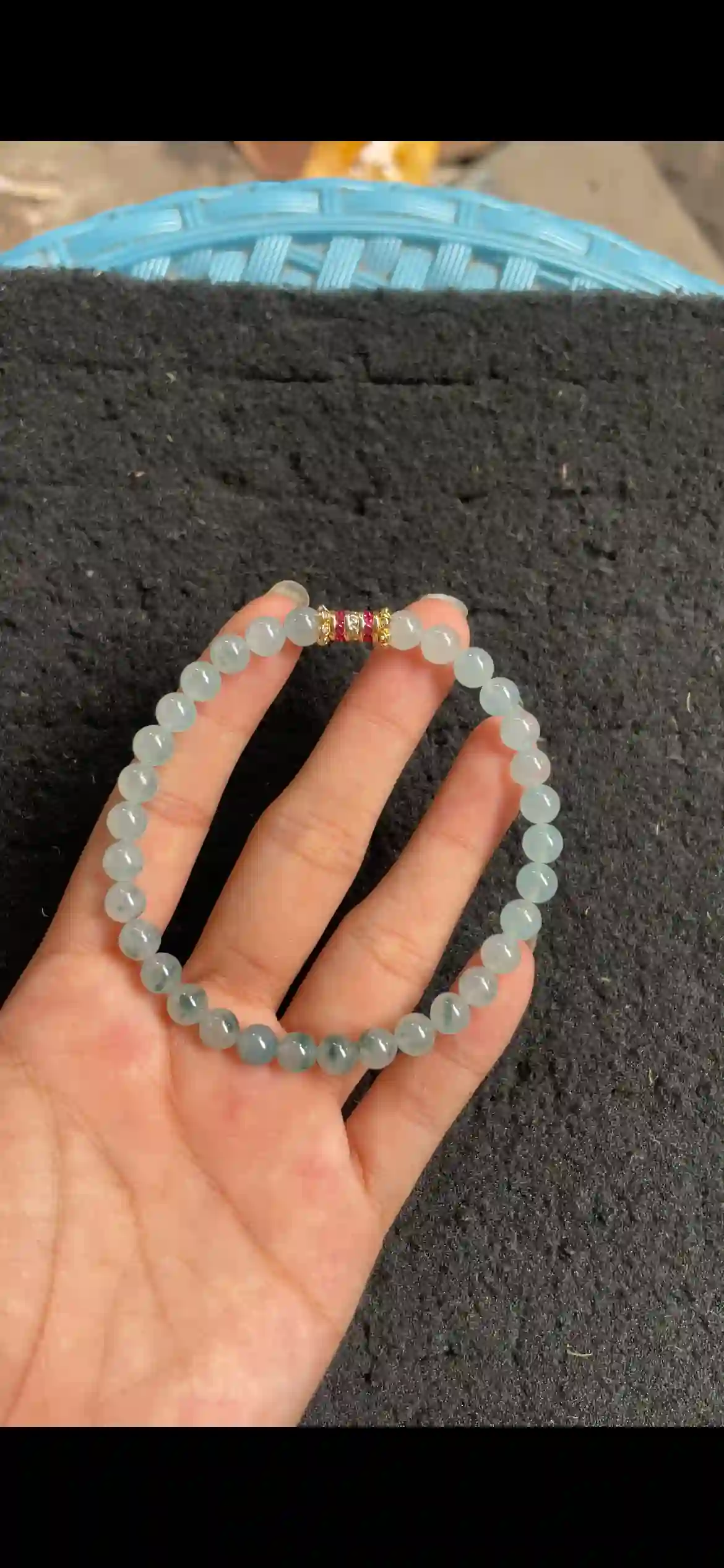   Icy Floating Blue Flower Jadeite Beaded Bracelet with Gold Accent | Myanmar Jadeite reference #4530003