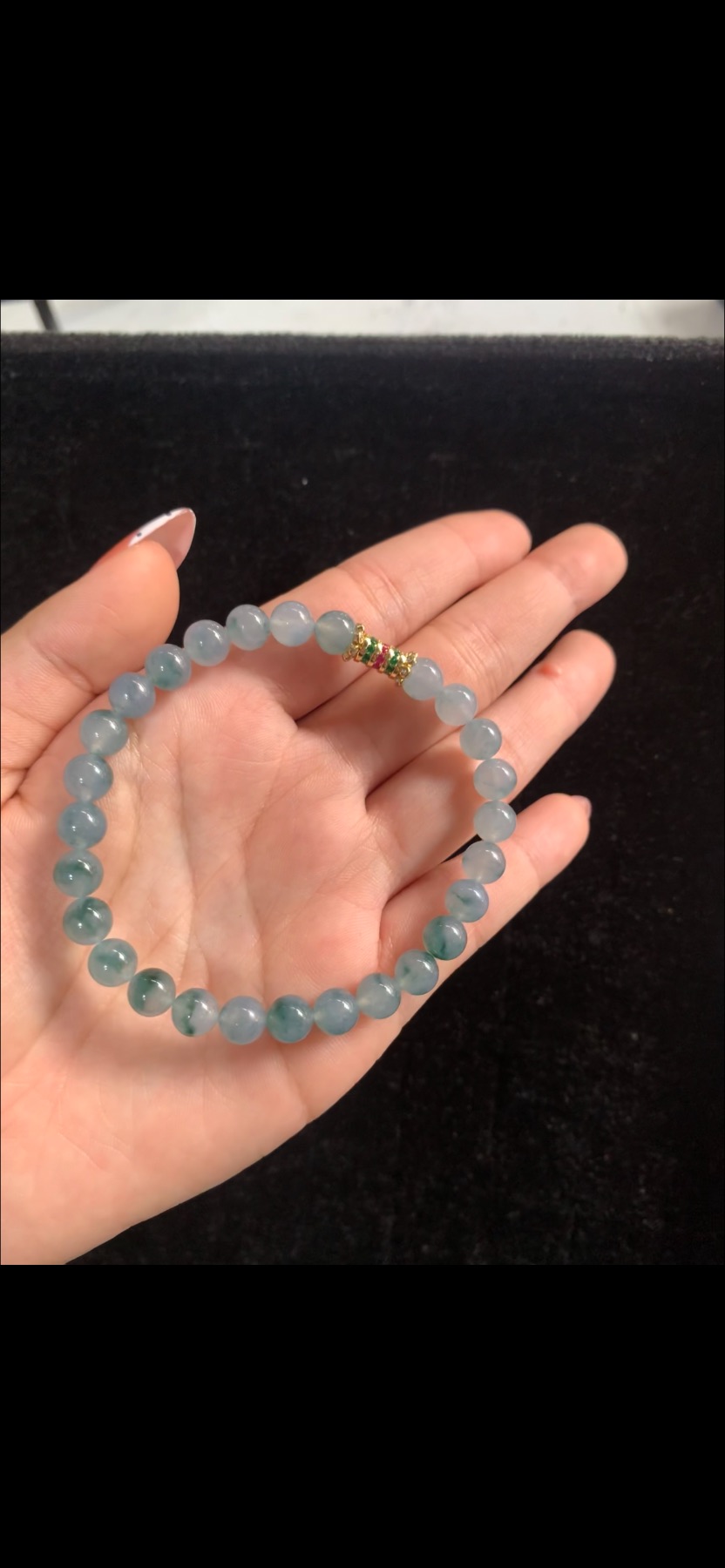 Natural Ice Variety Light Mint Green & Floating Green Jadeite Small Bead Bracelet with Gold & Gemstone Accent - Burmese Jadeite from Myanmar