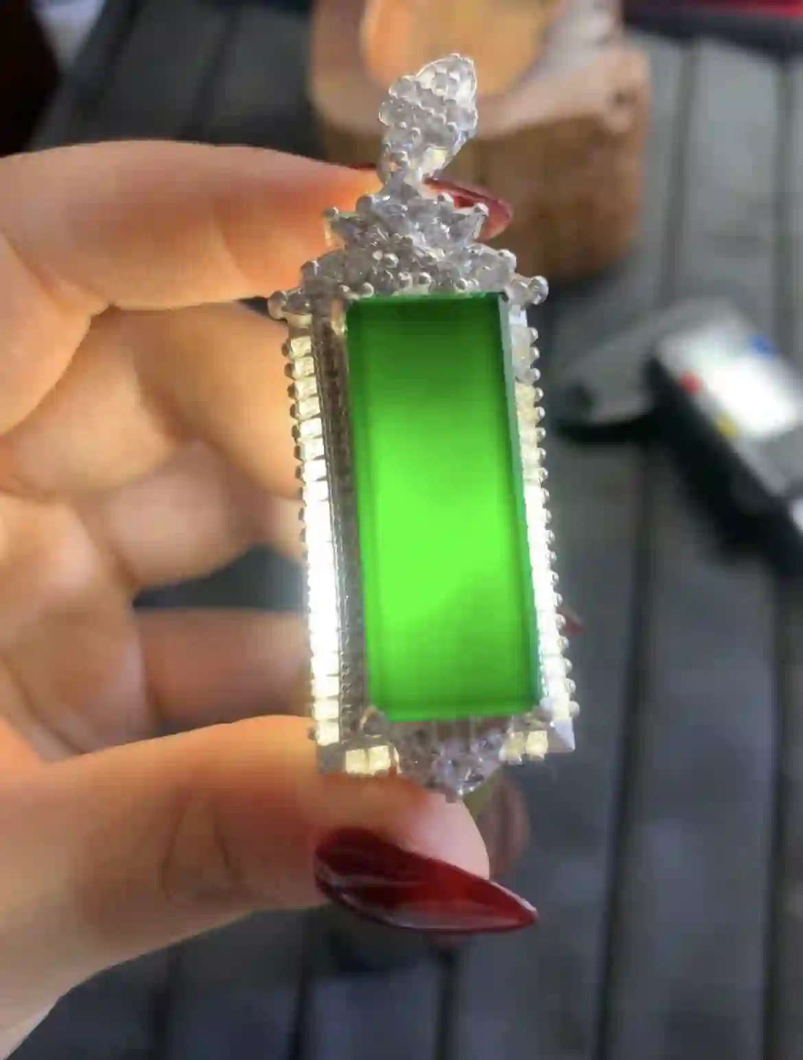 Vivid Green Rectangular Jade Pendant, view 2 | Myanmar Jadeite reference #2760001