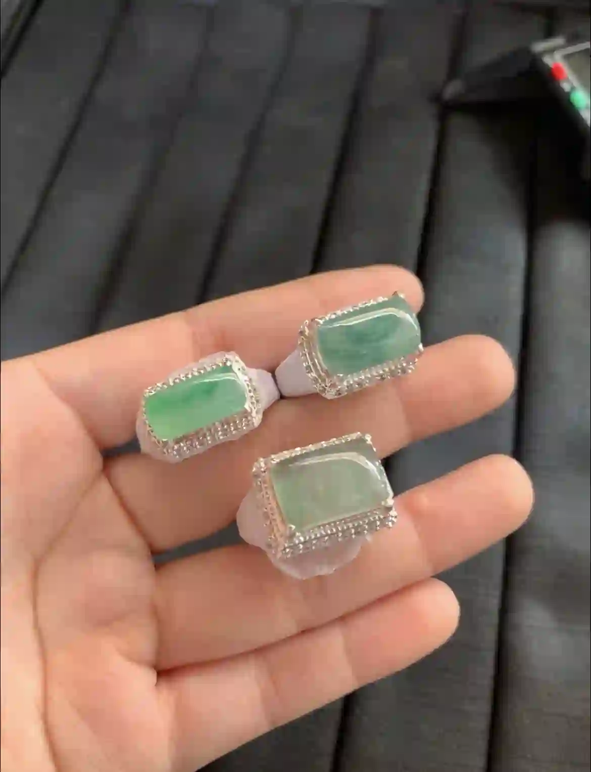   Natural Icy Green Jade Saddle Ring Set with Diamond Accents | Myanmar Jadeite reference #2580002