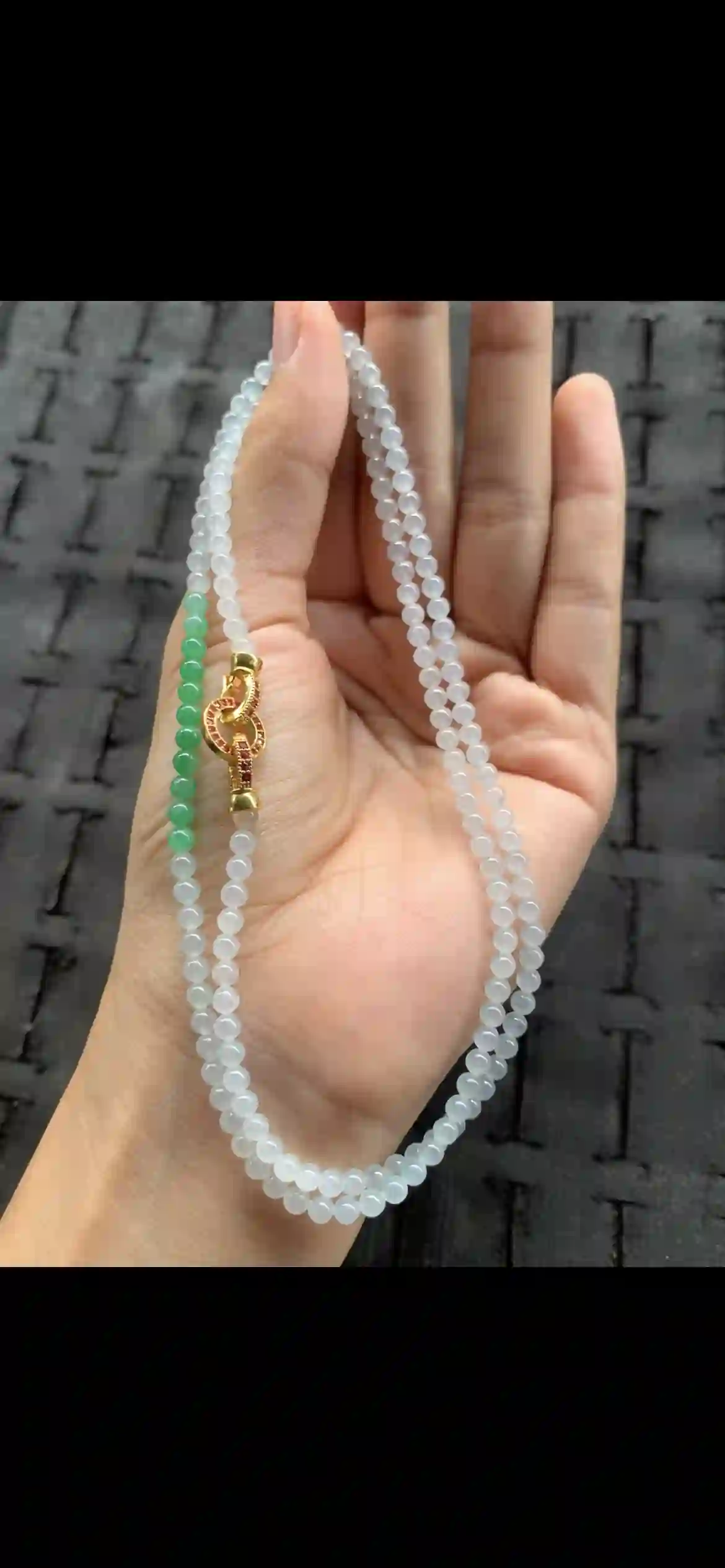 Icy White Jadeite Bead Necklace with Vivid Green Accent & Ornate Gold Clasp, view 2 | Myanmar Jadeite reference #20820001