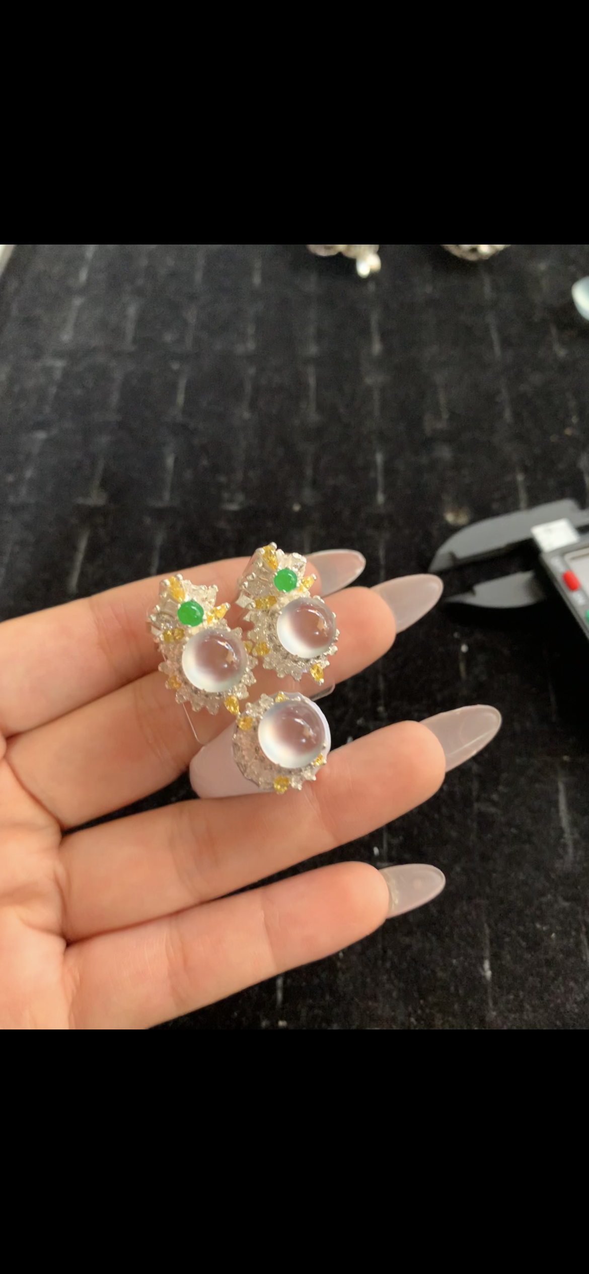 Icy White Jade Cabochon Ring & Earrings Set — Sterling Silver with Emerald & Yellow Sapphire Accents