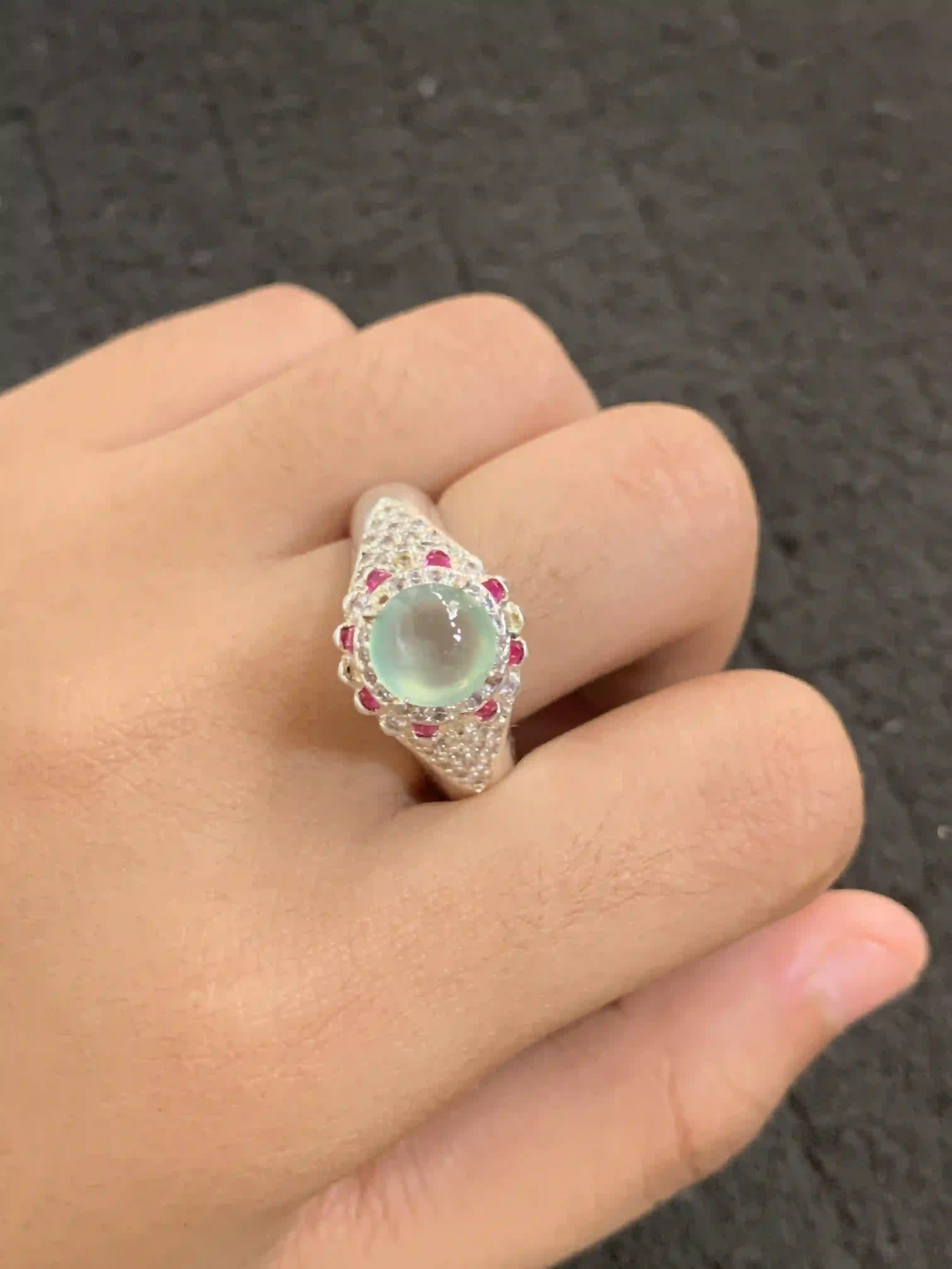Icy Jade Ring with Ruby Accents | Myanmar Jadeite reference #2130006