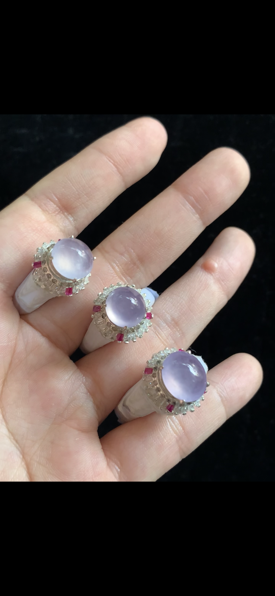 Icy Lavender Jade Cabochon Halo Stud Earrings with Ruby Accents