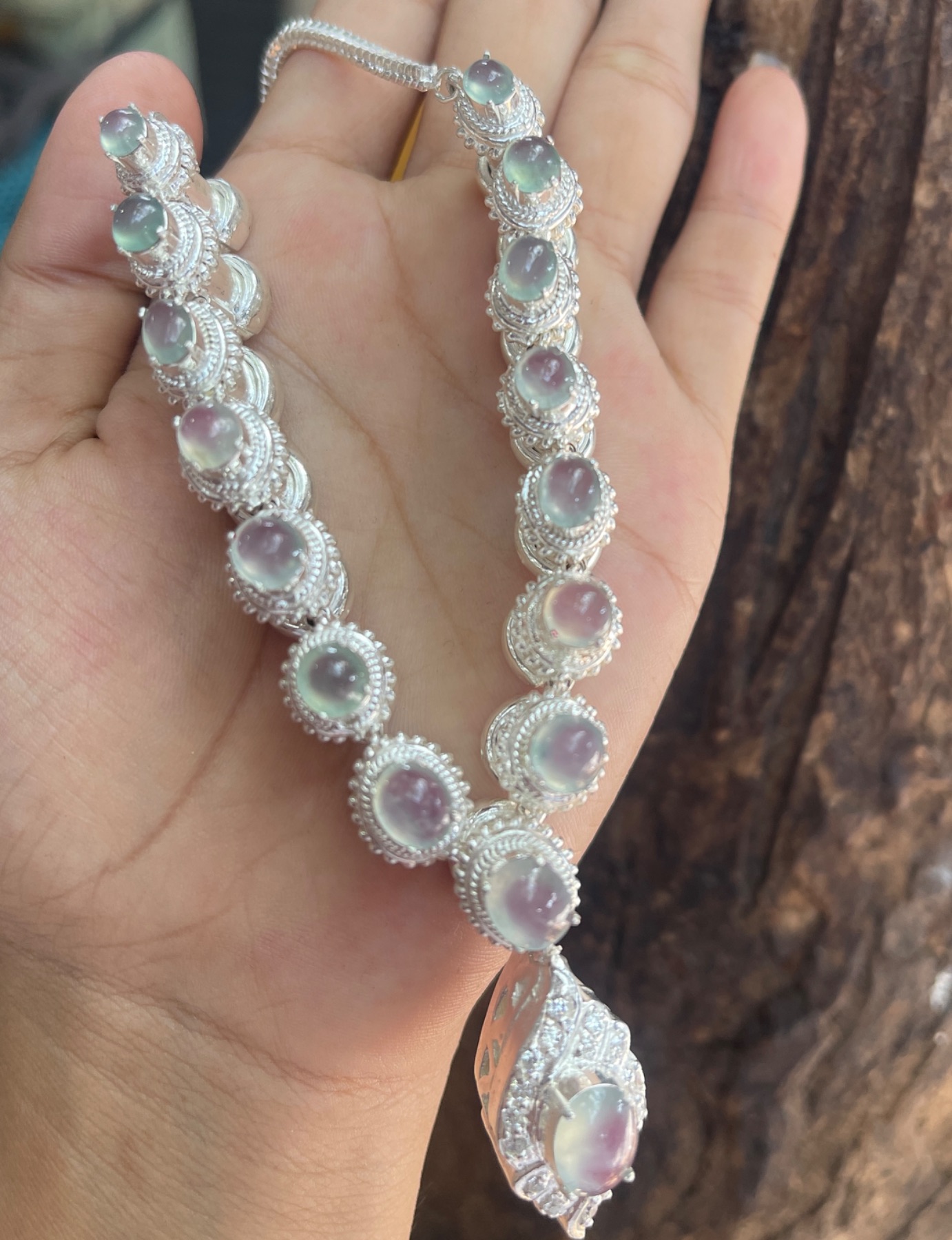 Natural Ice Variety Lavender & Floating Green Jadeite Oval Cabochon Statement Necklace in Ornate Silver Setting - Burmese Jadeite from Myanmar