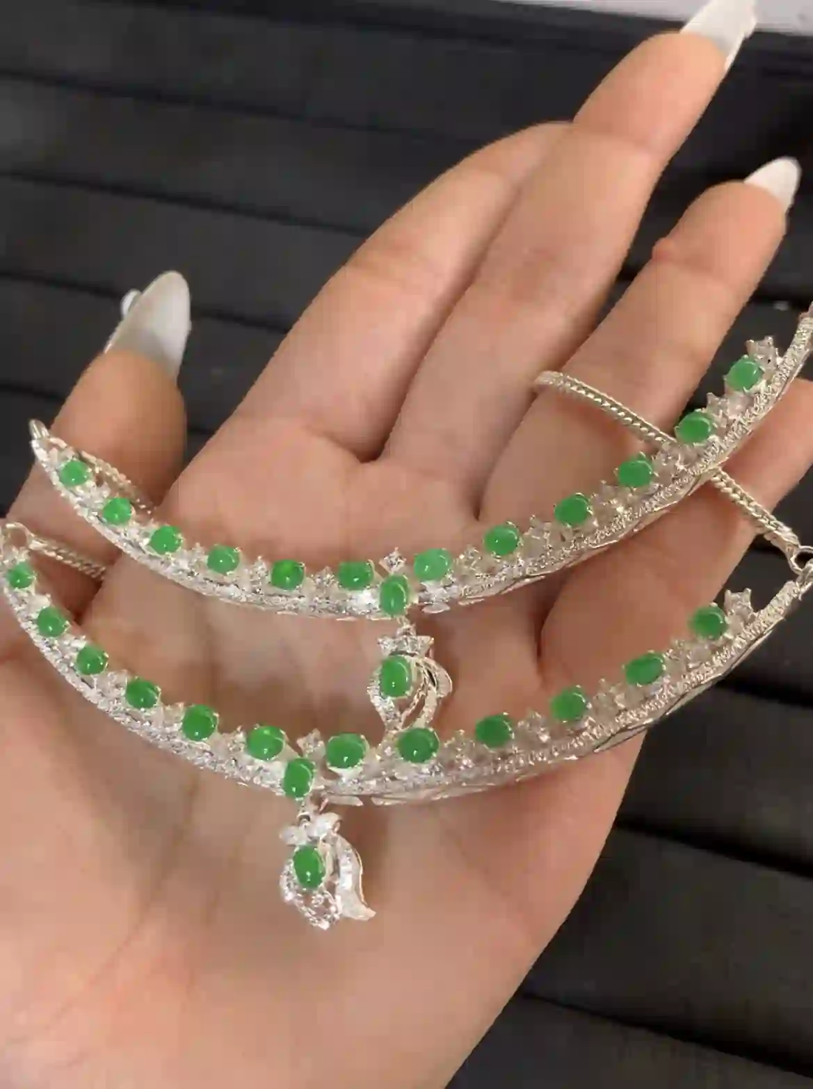 Luxurious Green Jadeite and Crystal Embellished Jewelry Set, view 2 | Myanmar Jadeite reference #1230006
