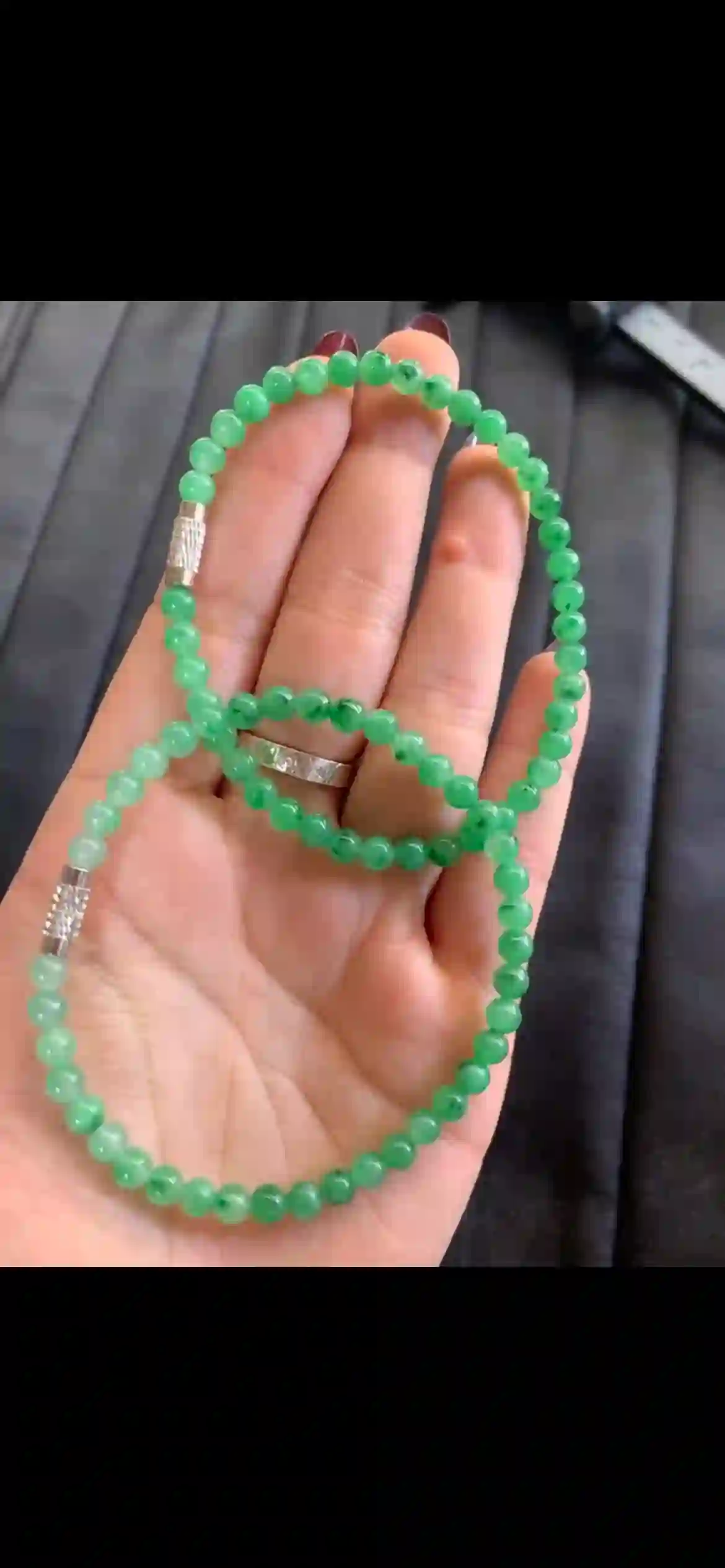  Gradient Green Floating Pattern Jadeite Multi-Layer Bracelet with Silver Accents, view 2 | Myanmar Jadeite reference #4200001