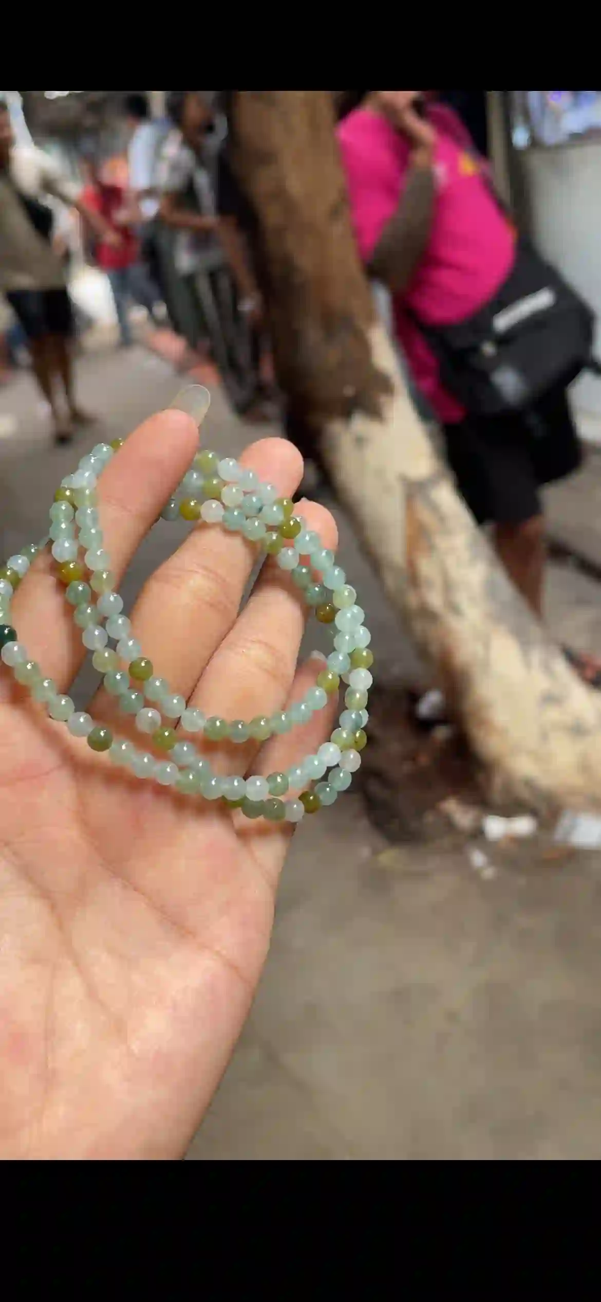 Natural Mixed‑Tone Green & Yellowish Jadeite Fine Bead Strand, view 2 | Myanmar Jadeite reference #26790001