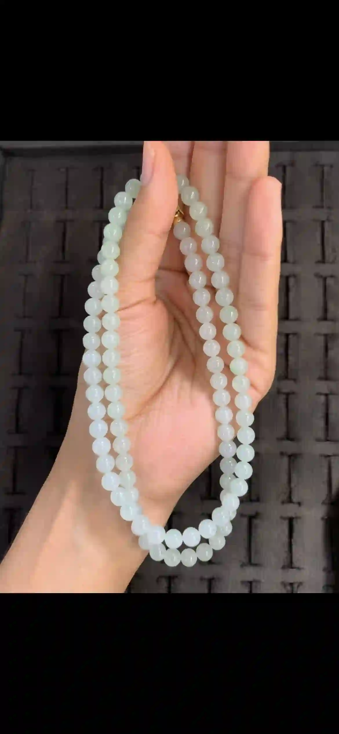 Premium Icy Pale Celadon Jade Bead Necklace with Gold Clasp, view 2 | Myanmar Jadeite reference #18030001
