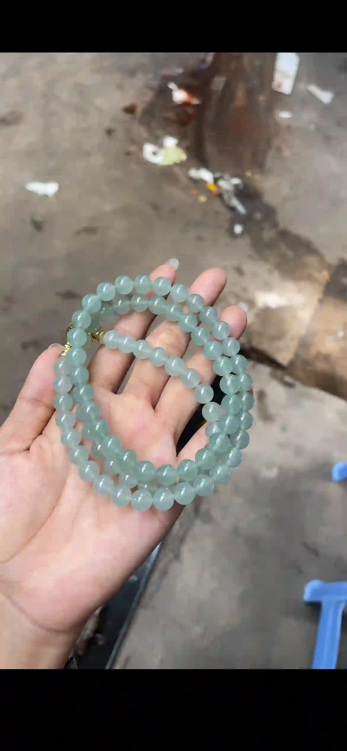 Icy Pale Green Jadeite Bead Necklace with Gold Clasp, view 2 | Myanmar Jadeite reference #18360001