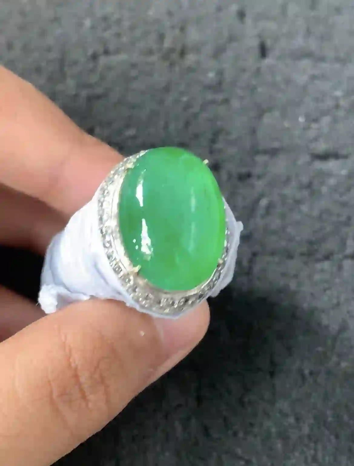 Natural Vivid Green Jade Diamond Halo Ring, view 2 | Myanmar Jadeite reference #1800010