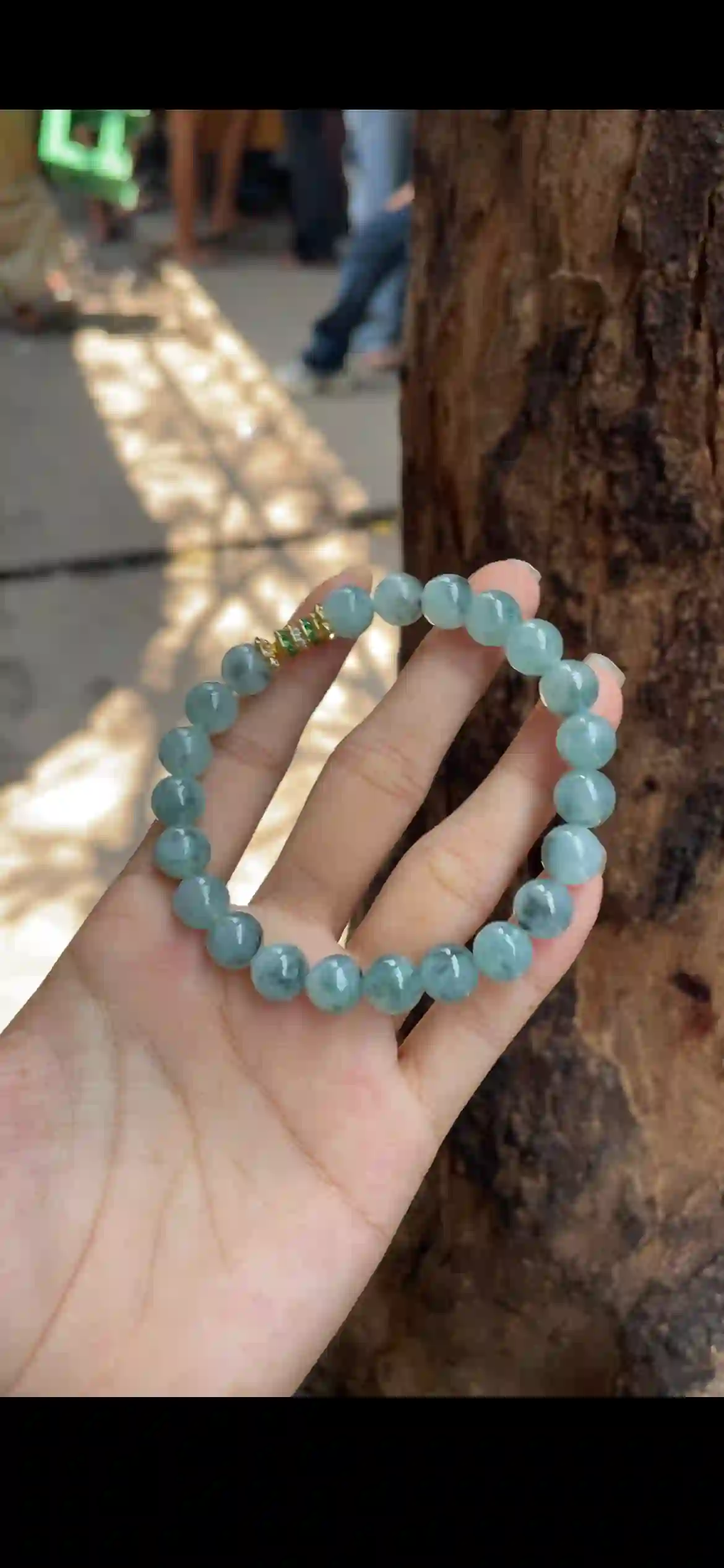   Icy Blue-Green Floating Flower Jadeite Beaded Bracelet with Gold Plated Accent | Myanmar Jadeite reference #3540001