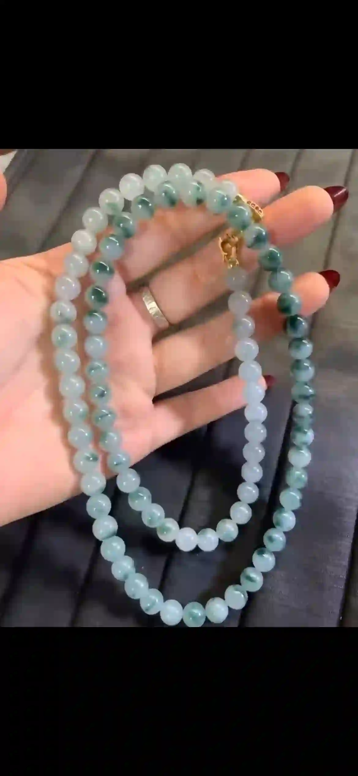   Icy Floating Blue Flower Jadeite Beaded Multi-Strand Bracelet with Gold Clasp | Myanmar Jadeite reference #4620003