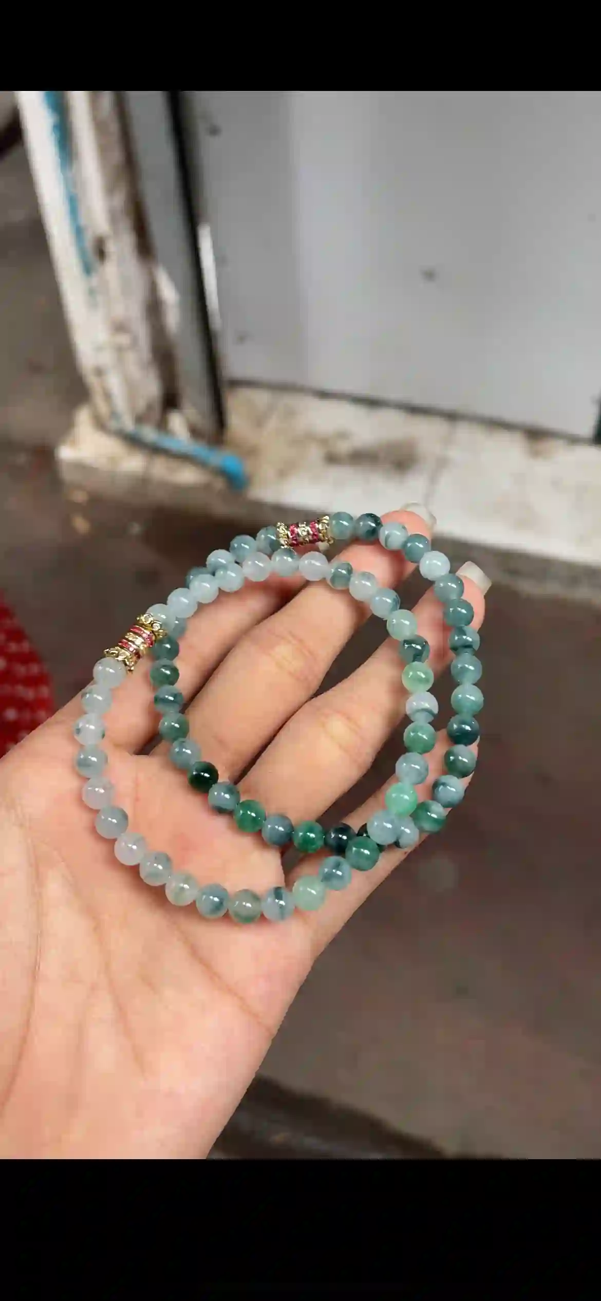 Double-Strand Icy Smoky Teal Jade Bead Bracelet with Gemstone Accent Clasps | Myanmar Jadeite reference #17850001