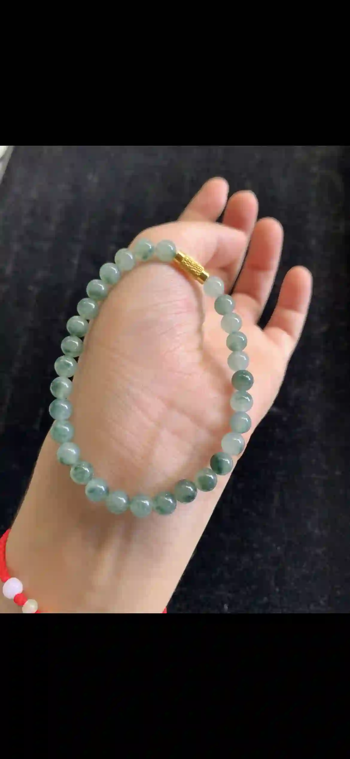 Icy Pale Green Floating Pattern Jade Bead Bracelet with Gold Accent, view 2 | Myanmar Jadeite reference #19710001