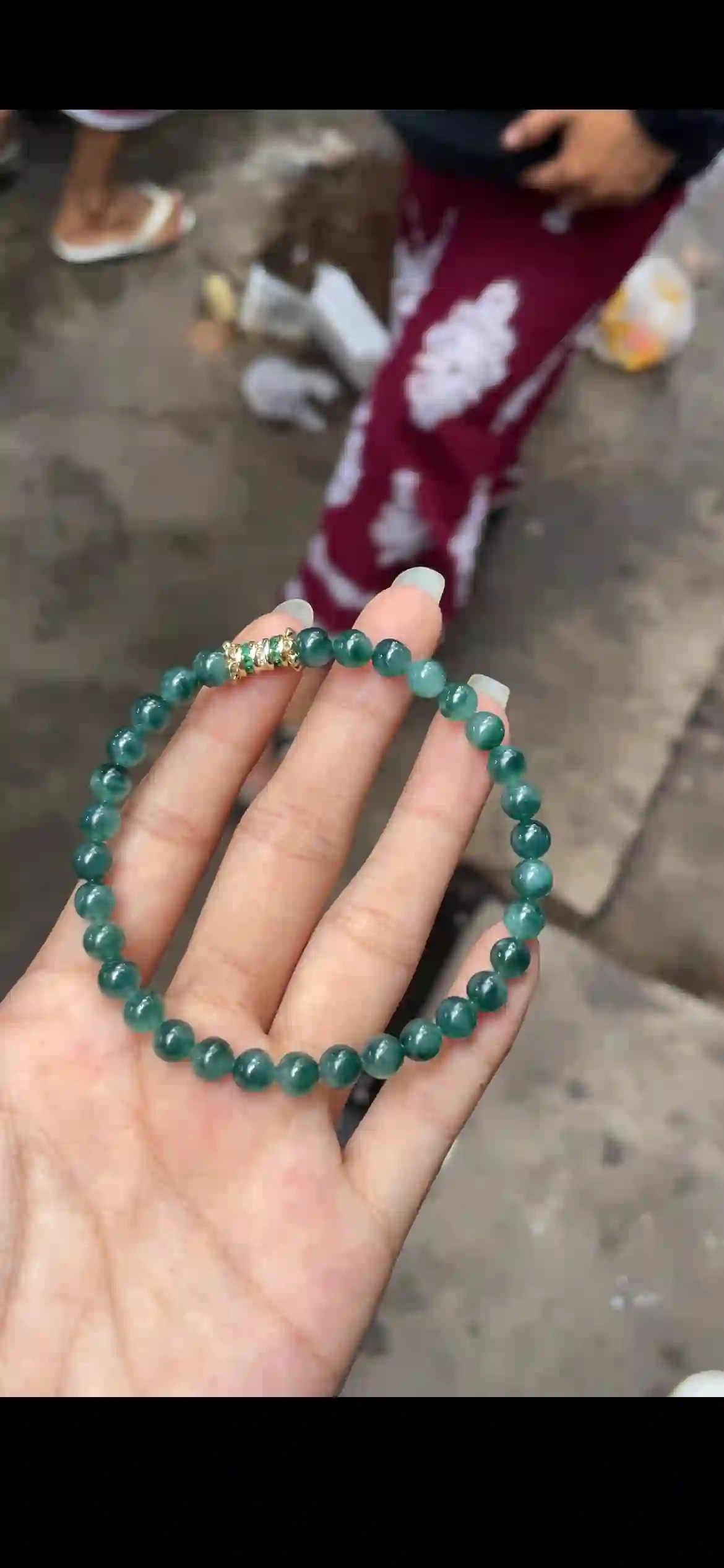 Deep Ocean Blue-Green Jadeite Bead Bracelet with Decorative Spacer | Myanmar Jadeite reference #15030002