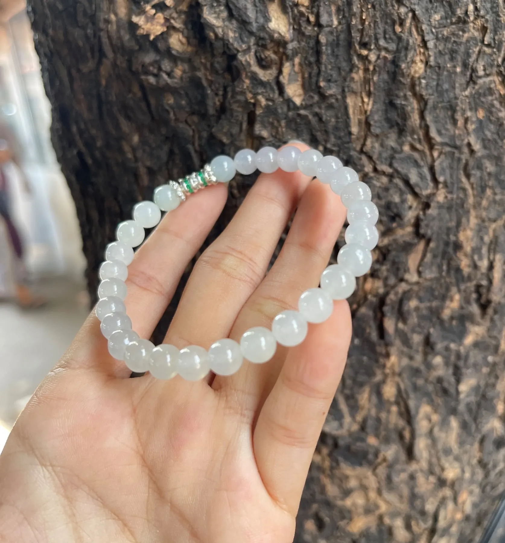 Natural High-Translucency Glassy/Ice Variety Icy White Jadeite Round Bead Bracelet with Silver & Emerald-Green Spacer Accent | Myanmar Jadeite reference #39120001